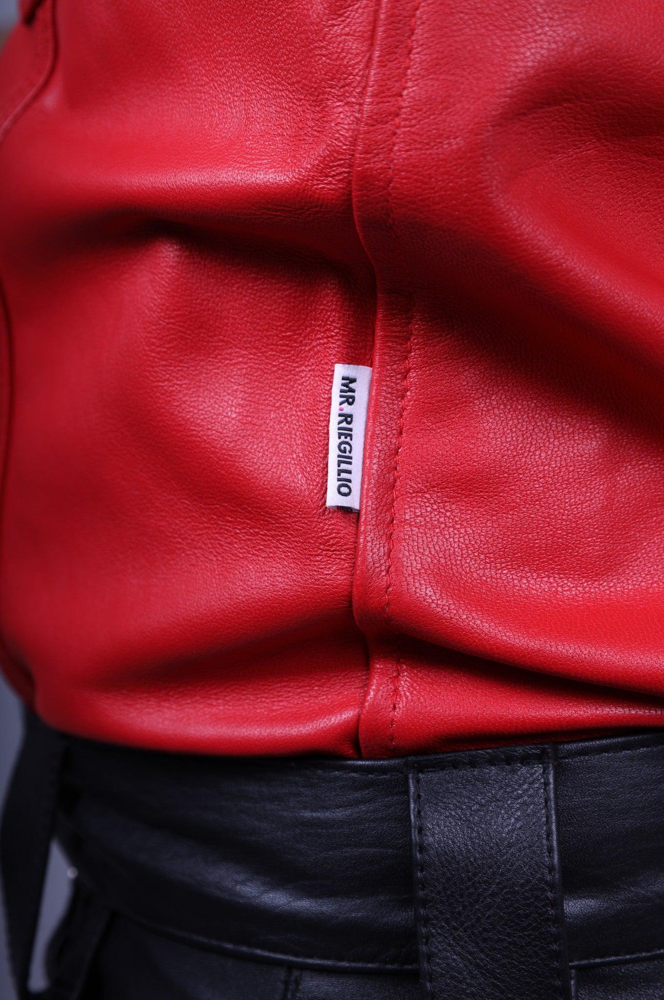 Red Leather Shirt with Black Padding at MR. Riegillio