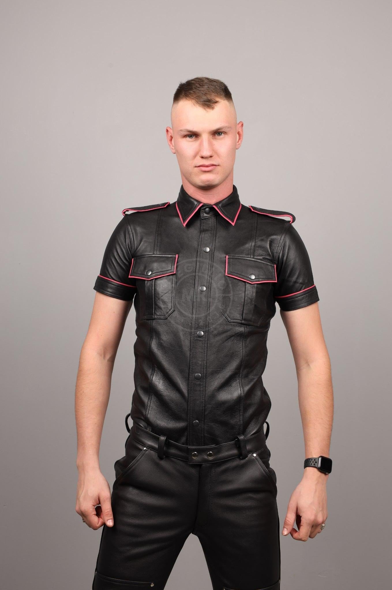 Black Leather Shirt - Pink Piping at MR. Riegillio