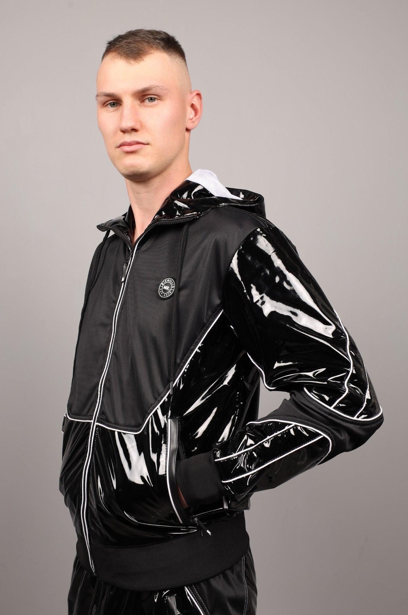 PVC 24 Tracksuit Hooded Jacket - Black with White Piping at MR. Riegillio