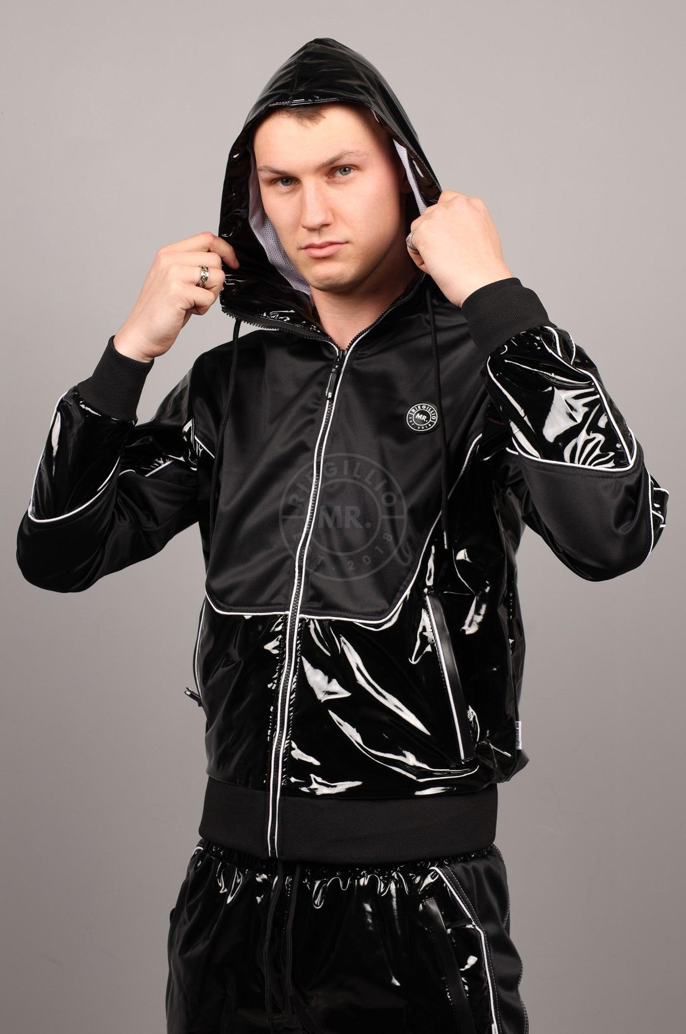 PVC 24 Tracksuit Hooded Jacket - Black with White Piping at MR. Riegillio