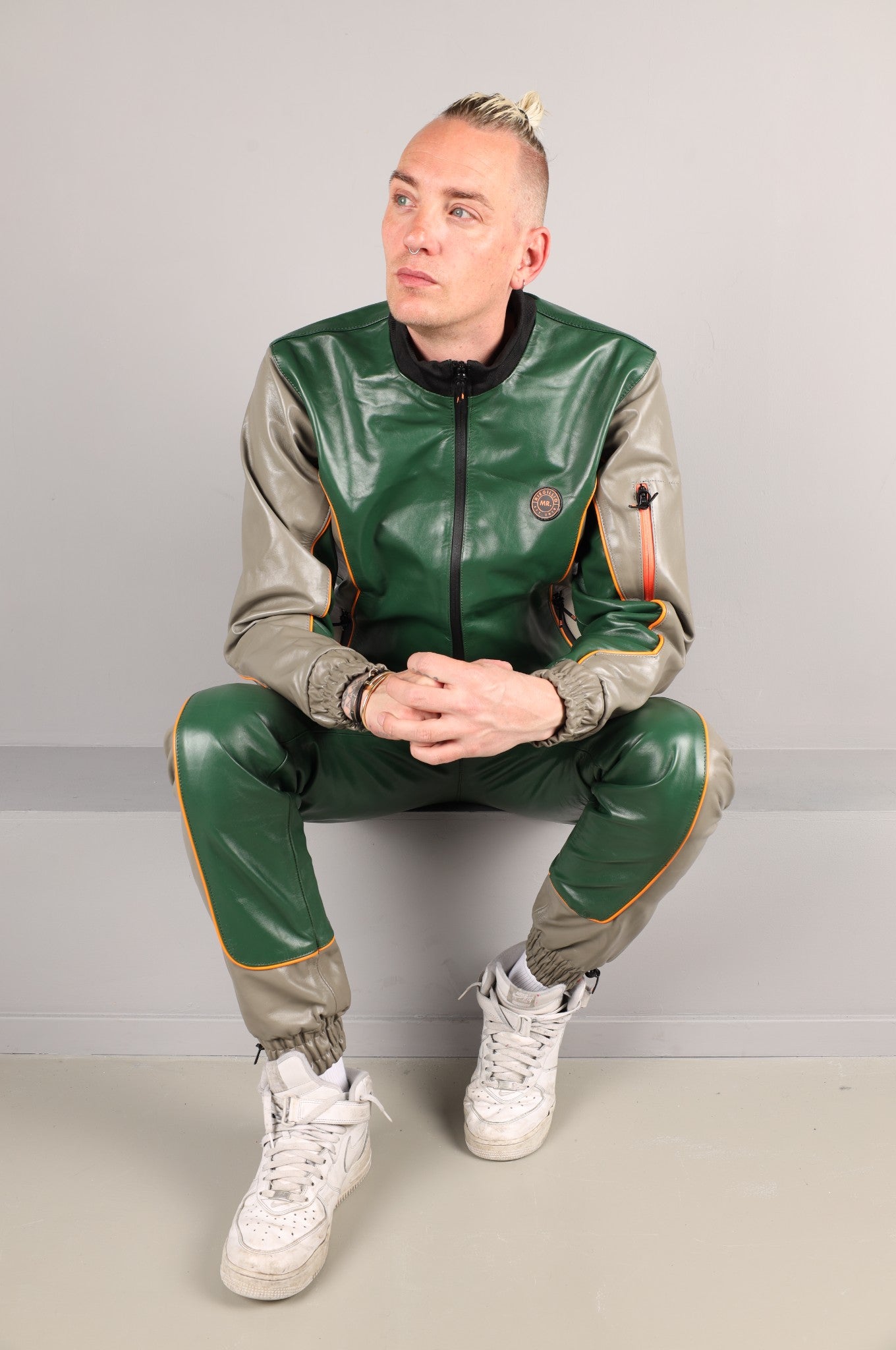 Leder-Trainingsanzugjacke - Grün/Grau