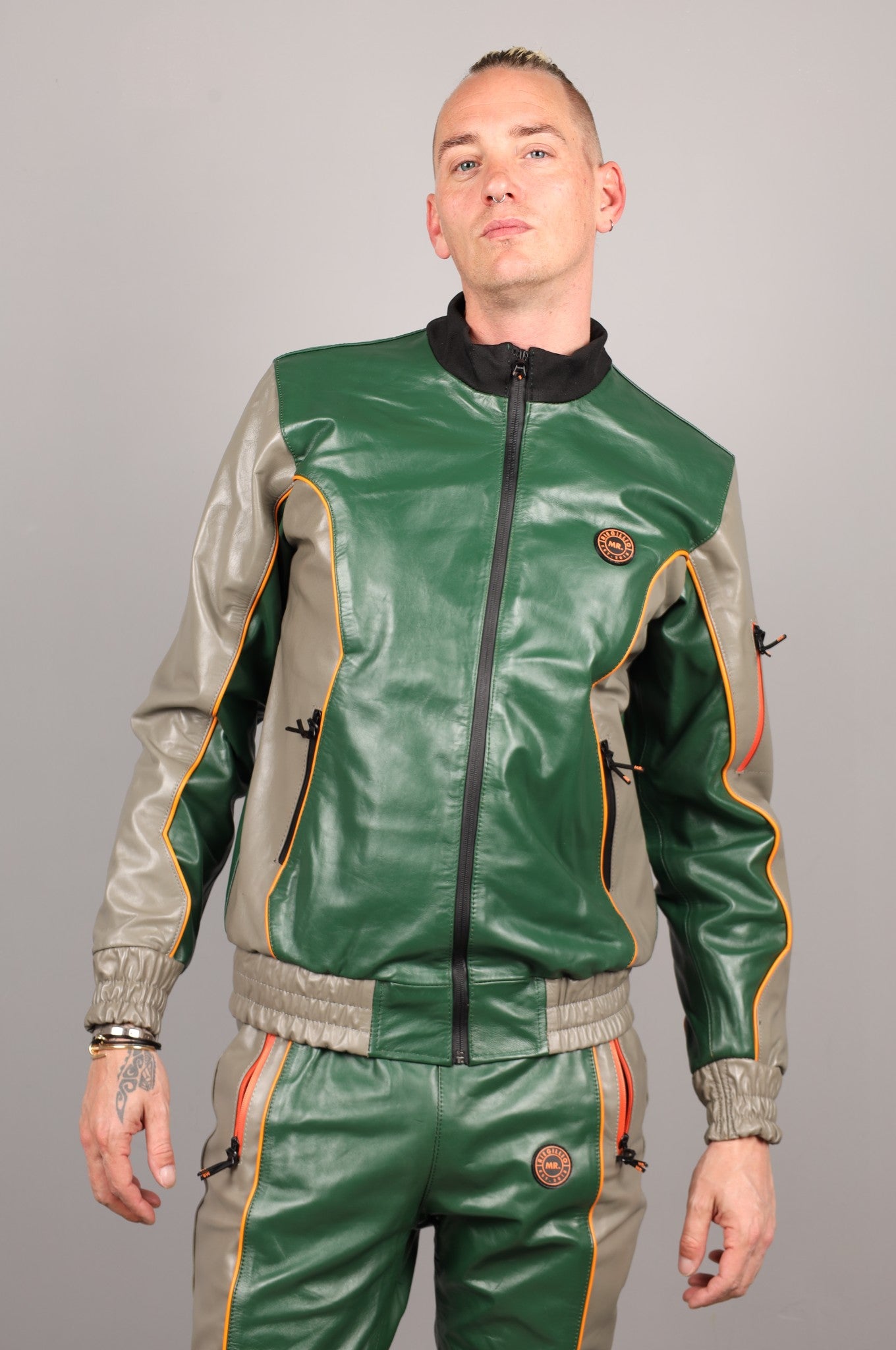 Leder-Trainingsanzugjacke - Grün/Grau