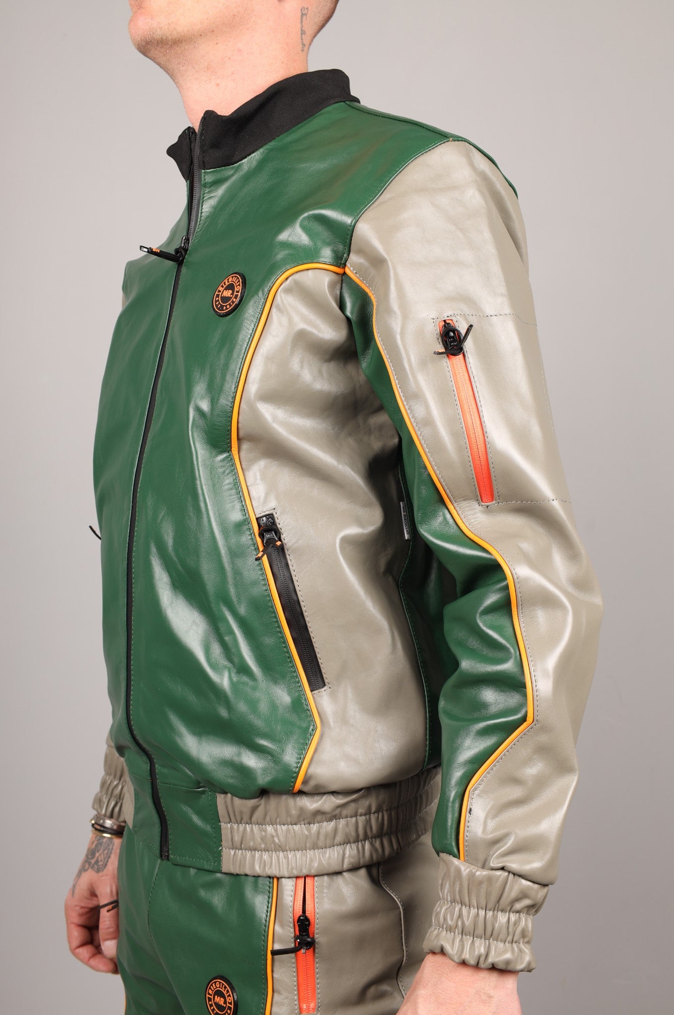 Leder-Trainingsanzugjacke - Grün/Grau