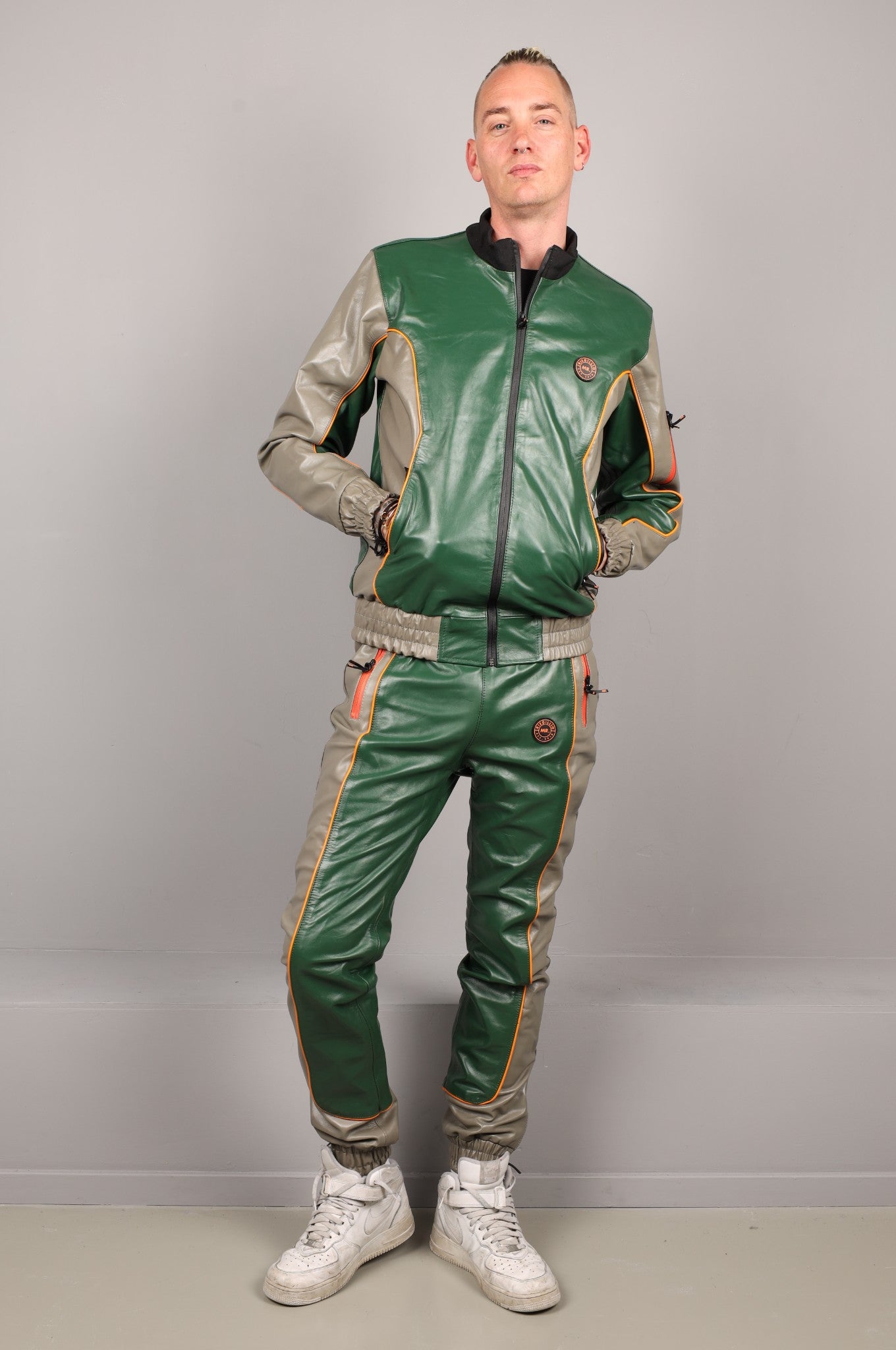 Leder-Jogginghose – Grün/Grau