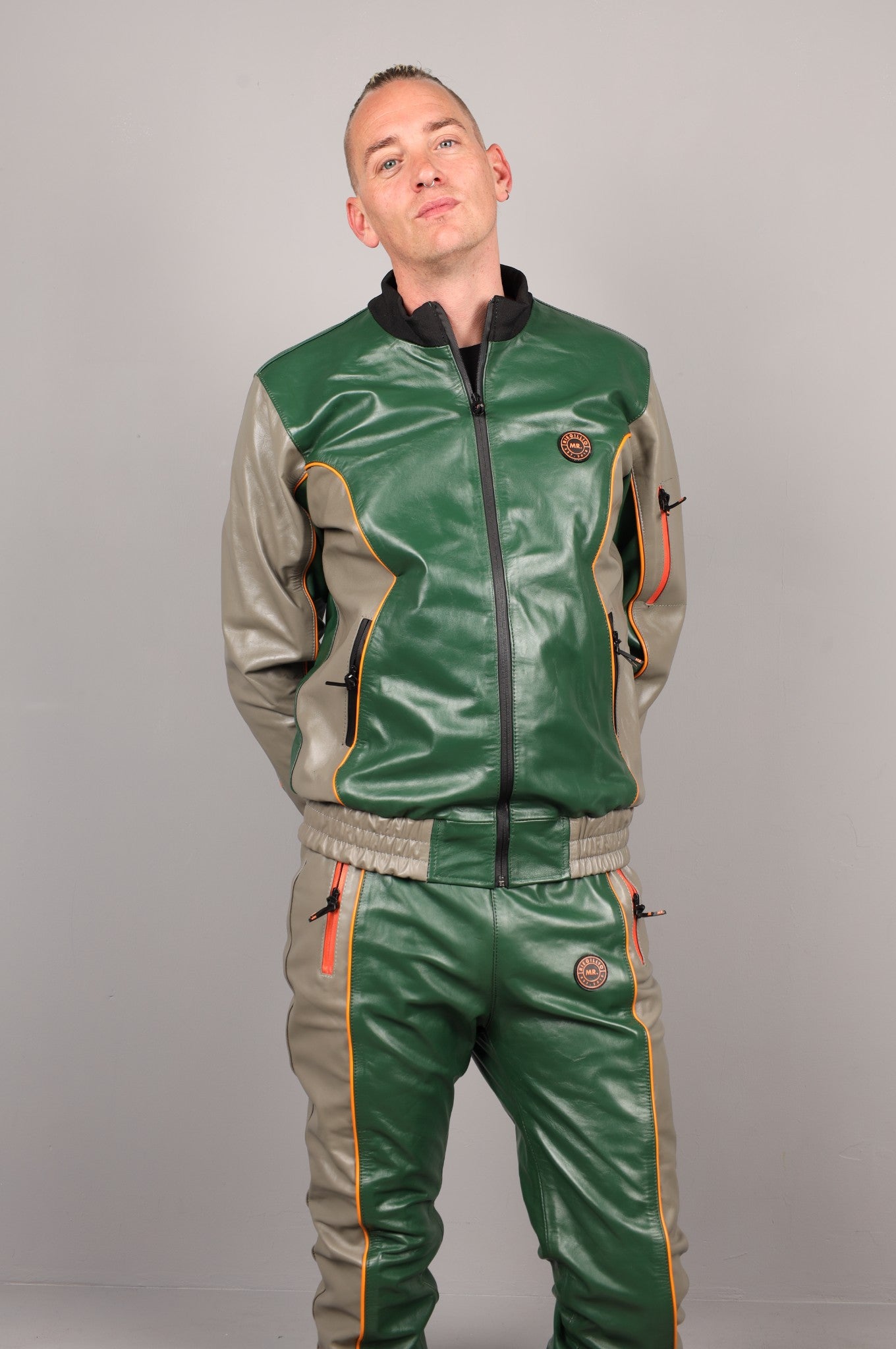 Leder-Trainingsanzugjacke - Grün/Grau