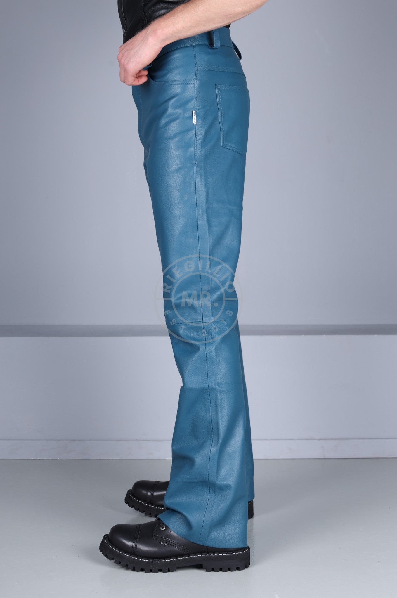 Jeans Blue Leather Bootcut Pants at MR. Riegillio