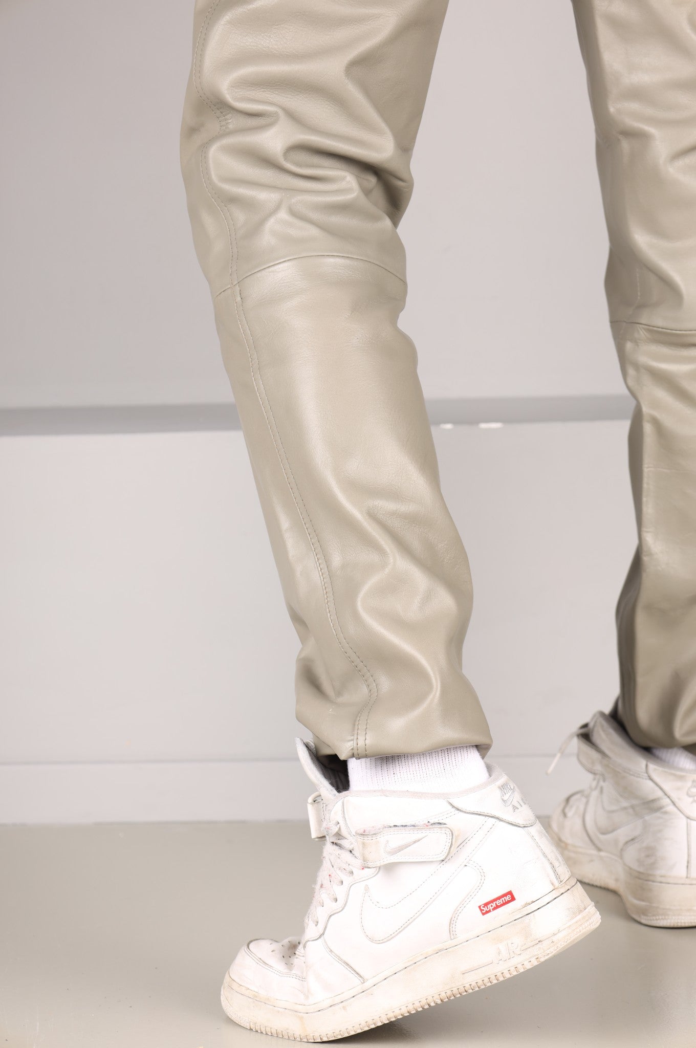Grey Slim Fit Leather Tracksuit Pants