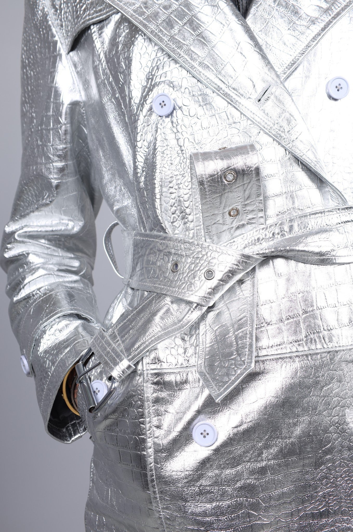 Metallic Leather Snake Trench Coat - Silver at MR. Riegillio