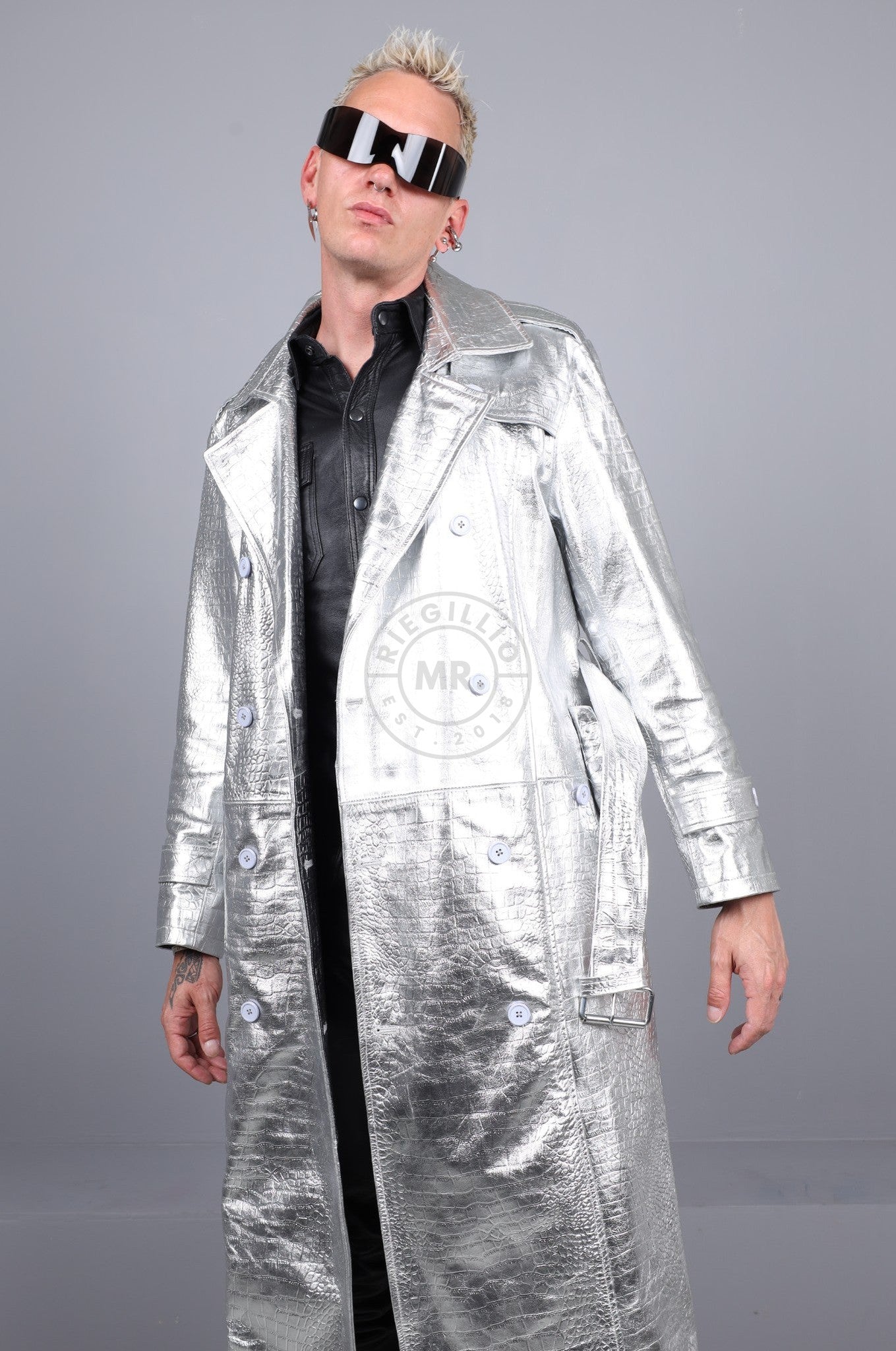 Metallic Leather Snake Trench Coat - Silver at MR. Riegillio