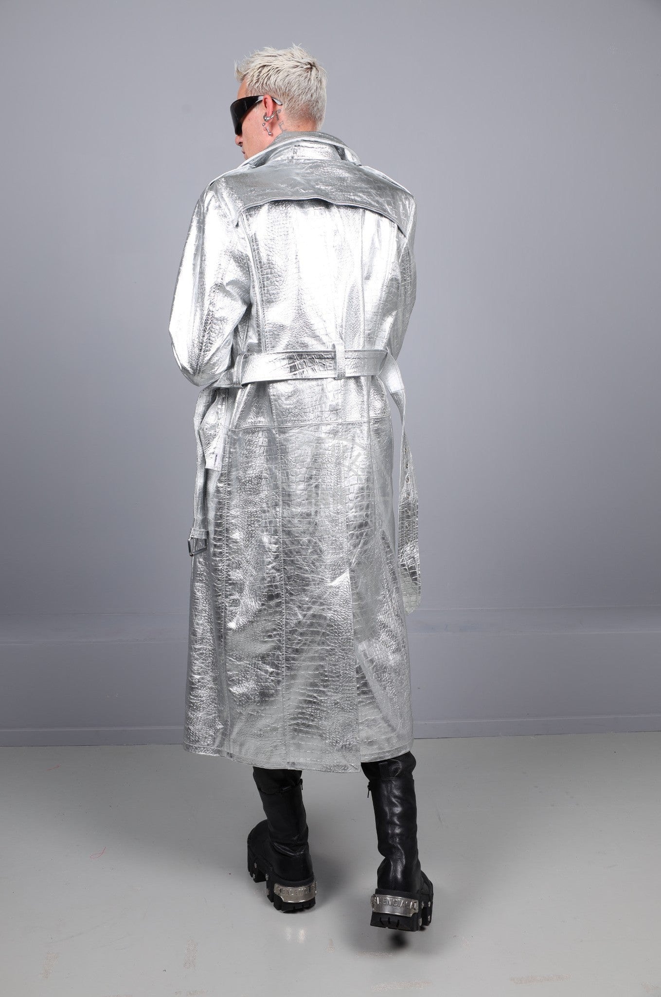 Metallic Leather Snake Trench Coat - Silver at MR. Riegillio