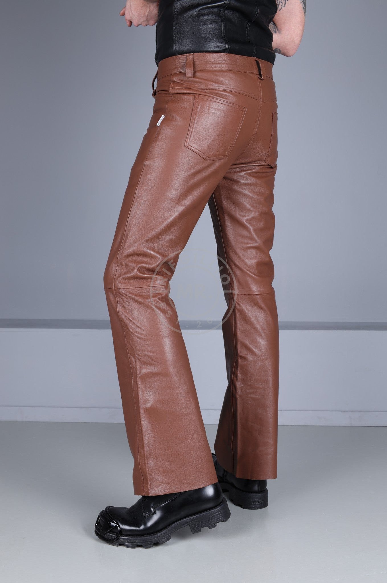 Cinnamon Brown Leather Bootcut Pants at MR. Riegillio