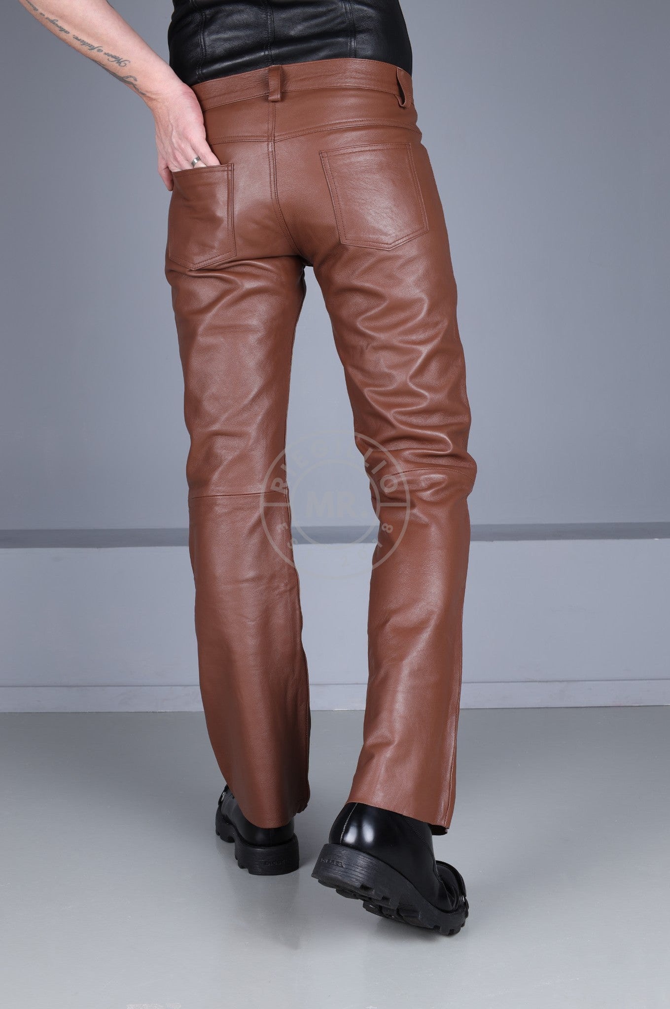 Cinnamon Brown Leather Bootcut Pants at MR. Riegillio