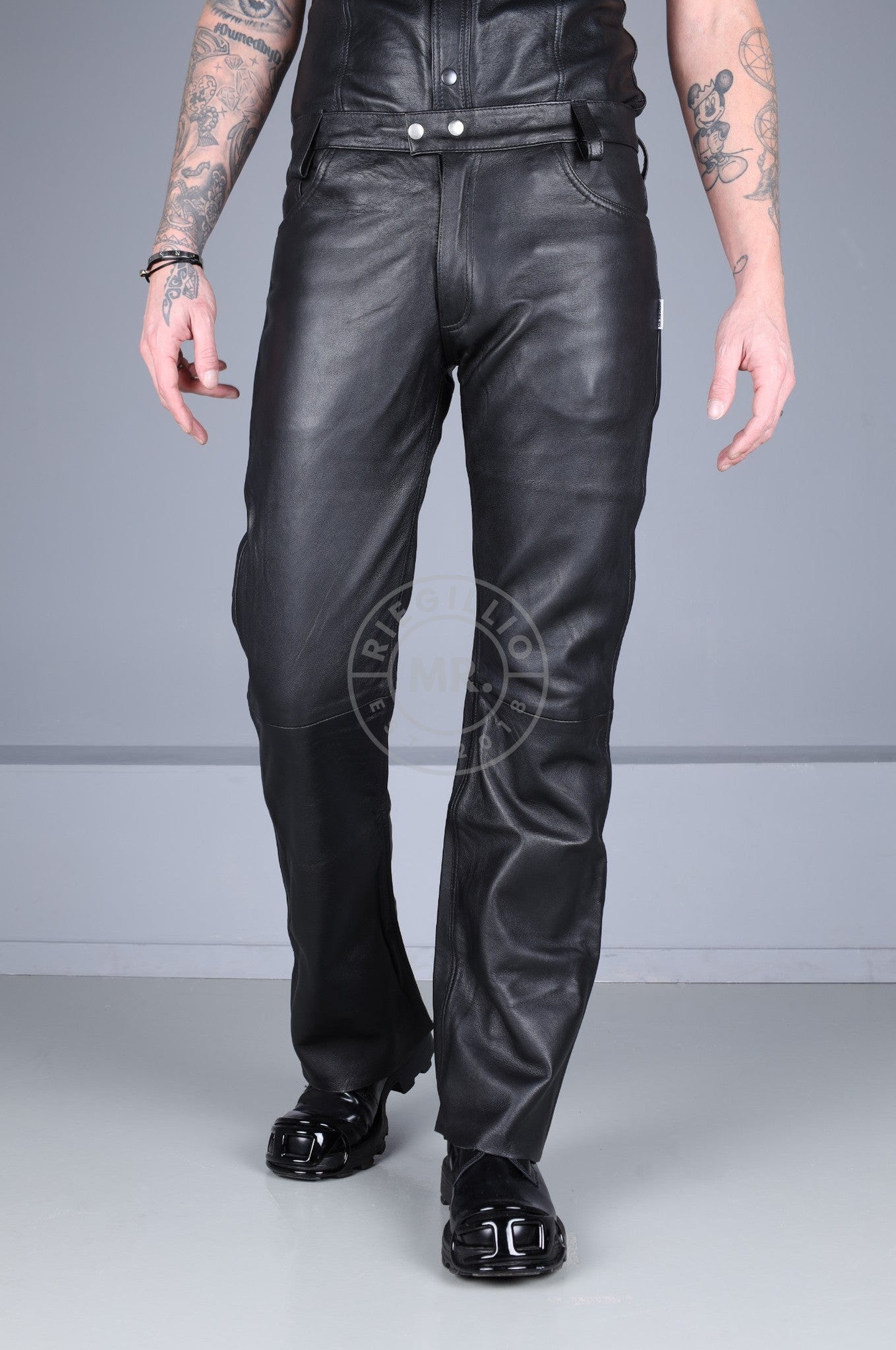 Black Leather Bootcut Pants at MR. Riegillio