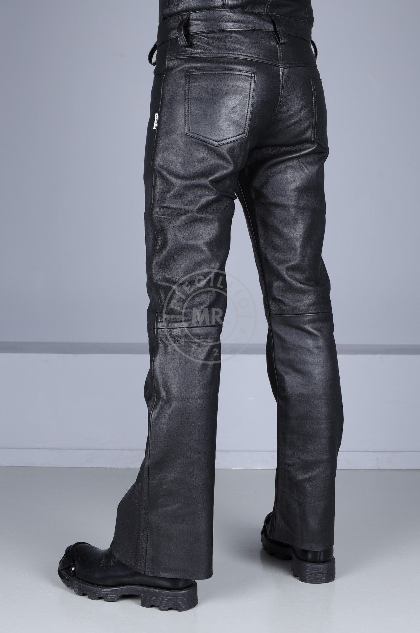 Black Leather Bootcut Pants at MR. Riegillio