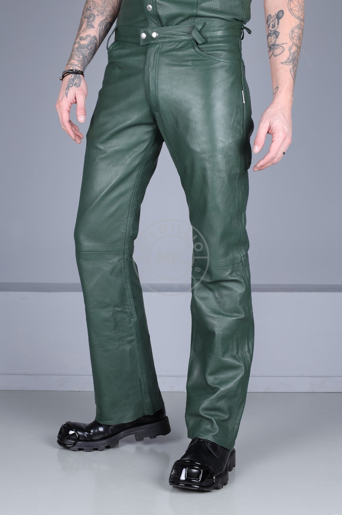Dark Green Leather Bootcut Pants