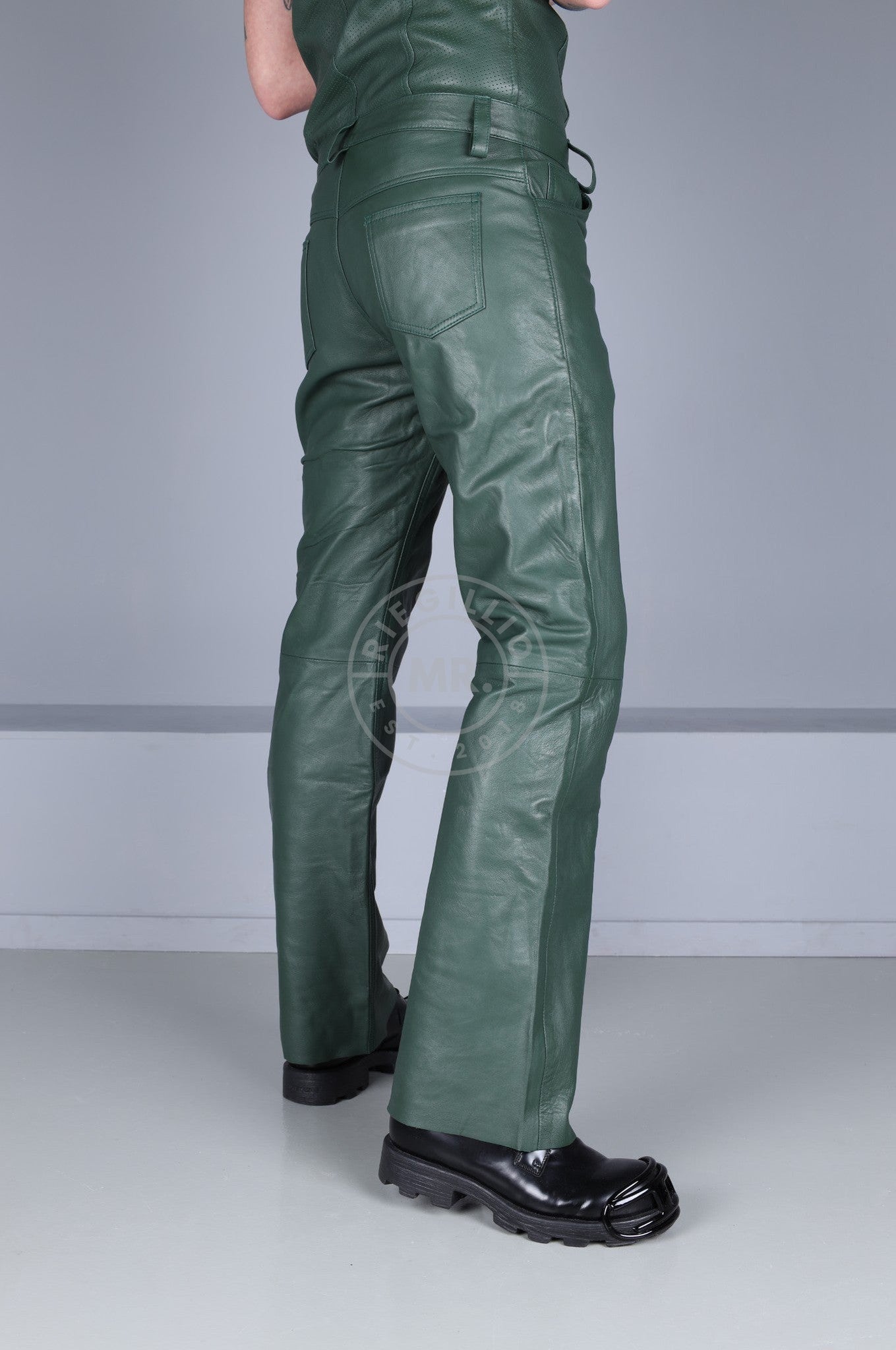 Dark Green Leather Bootcut Pants at MR. Riegillio