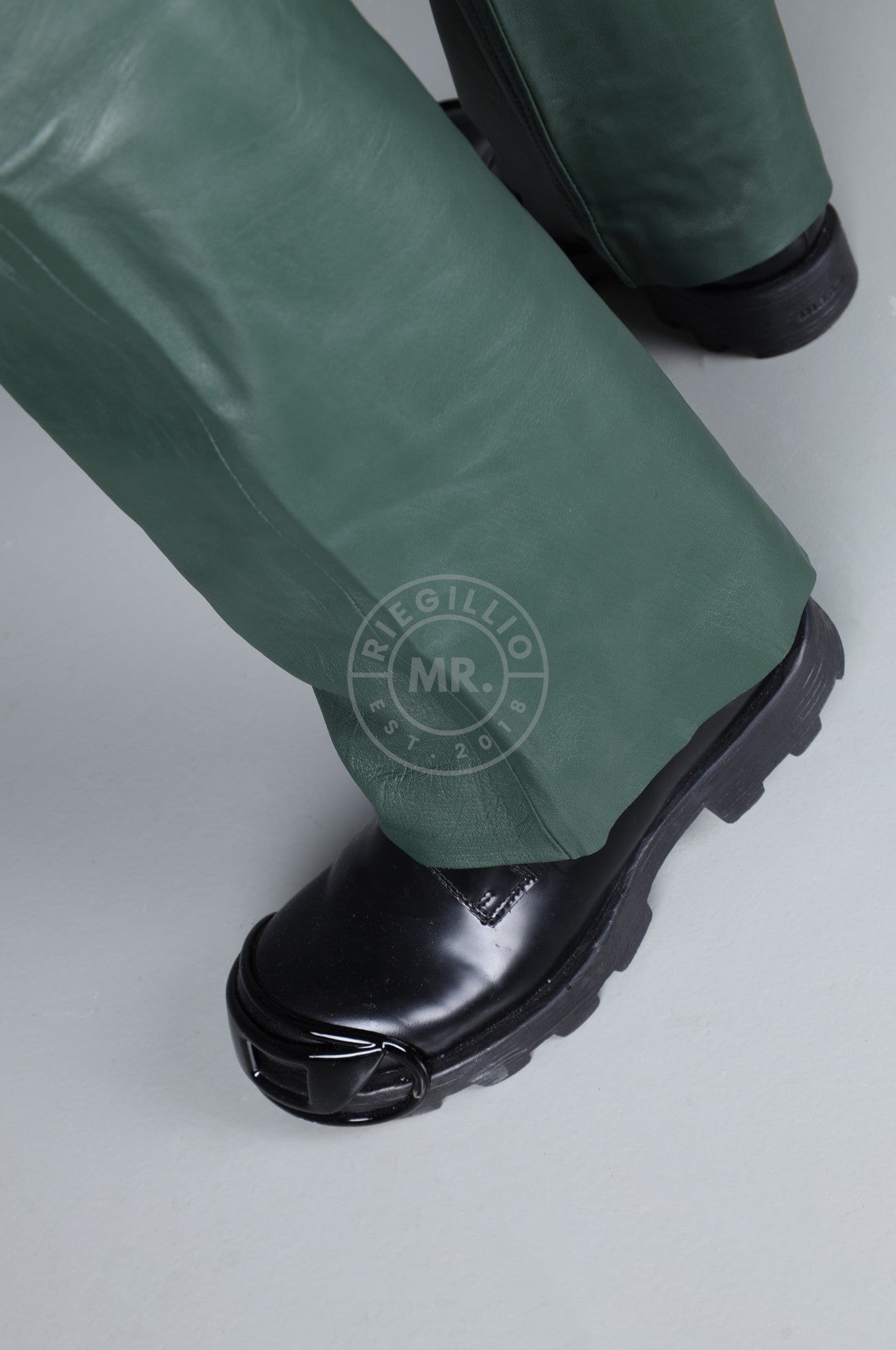 Dark Green Leather Bootcut Pants at MR. Riegillio
