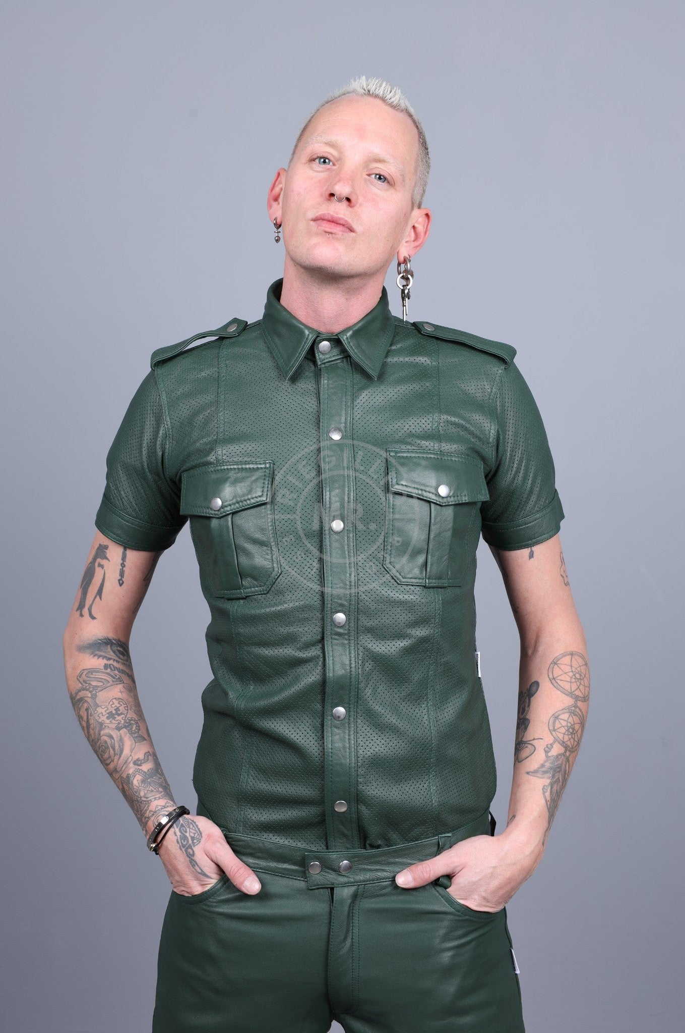 Dark Green Leather Perforated Shirt at MR. Riegillio