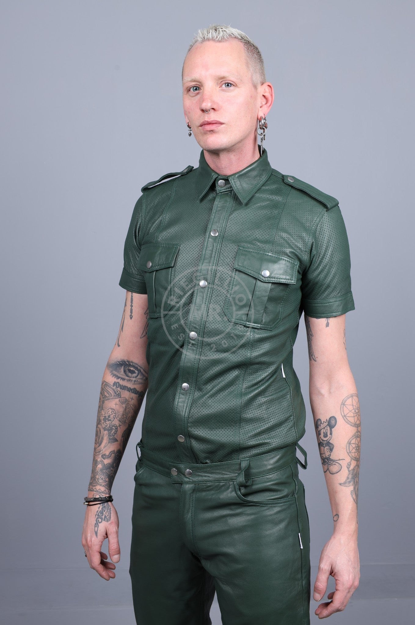 Dark Green Leather Perforated Shirt-at MR. Riegillio