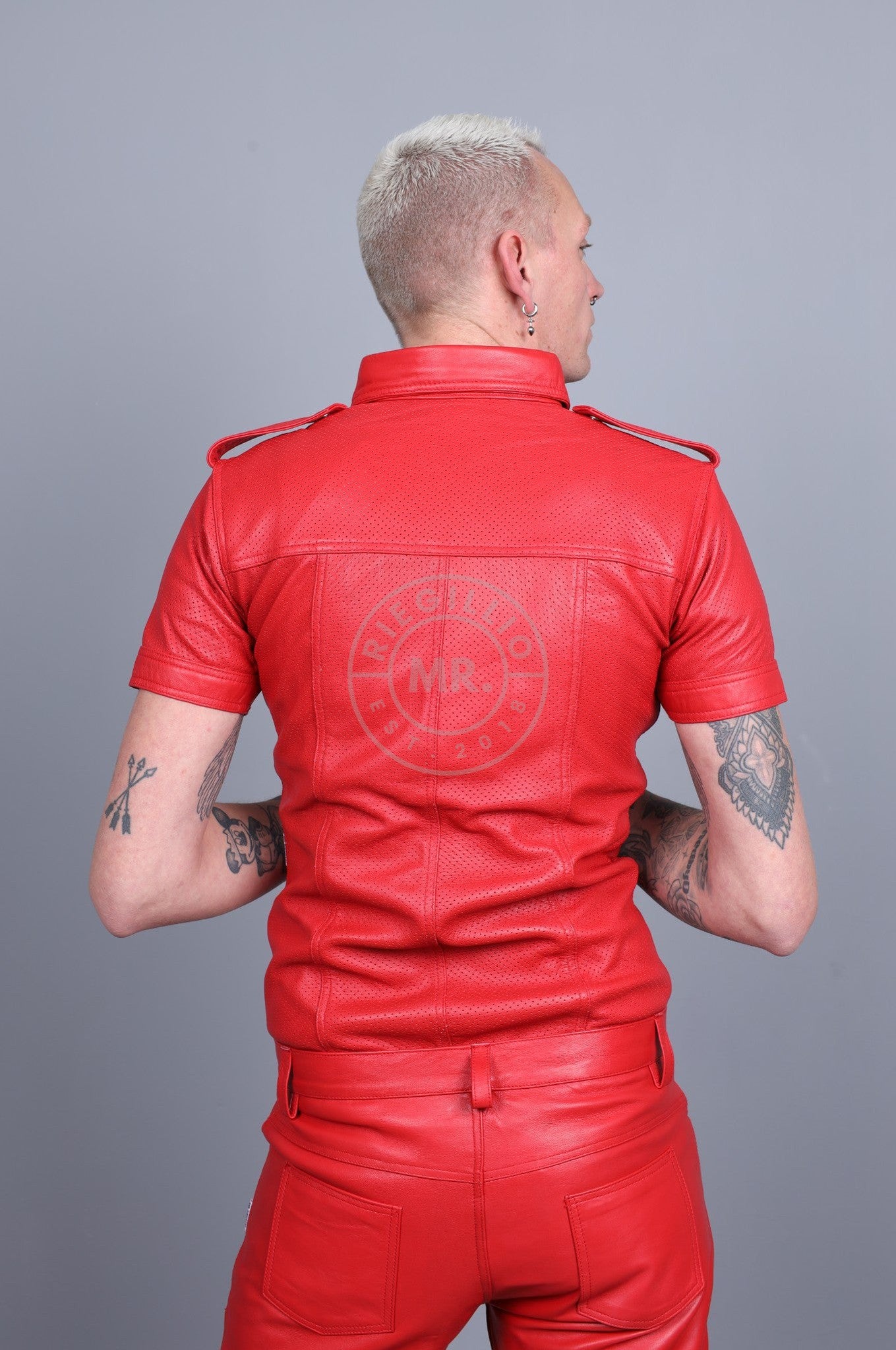 Red Leather Perforated Shirt-at MR. Riegillio