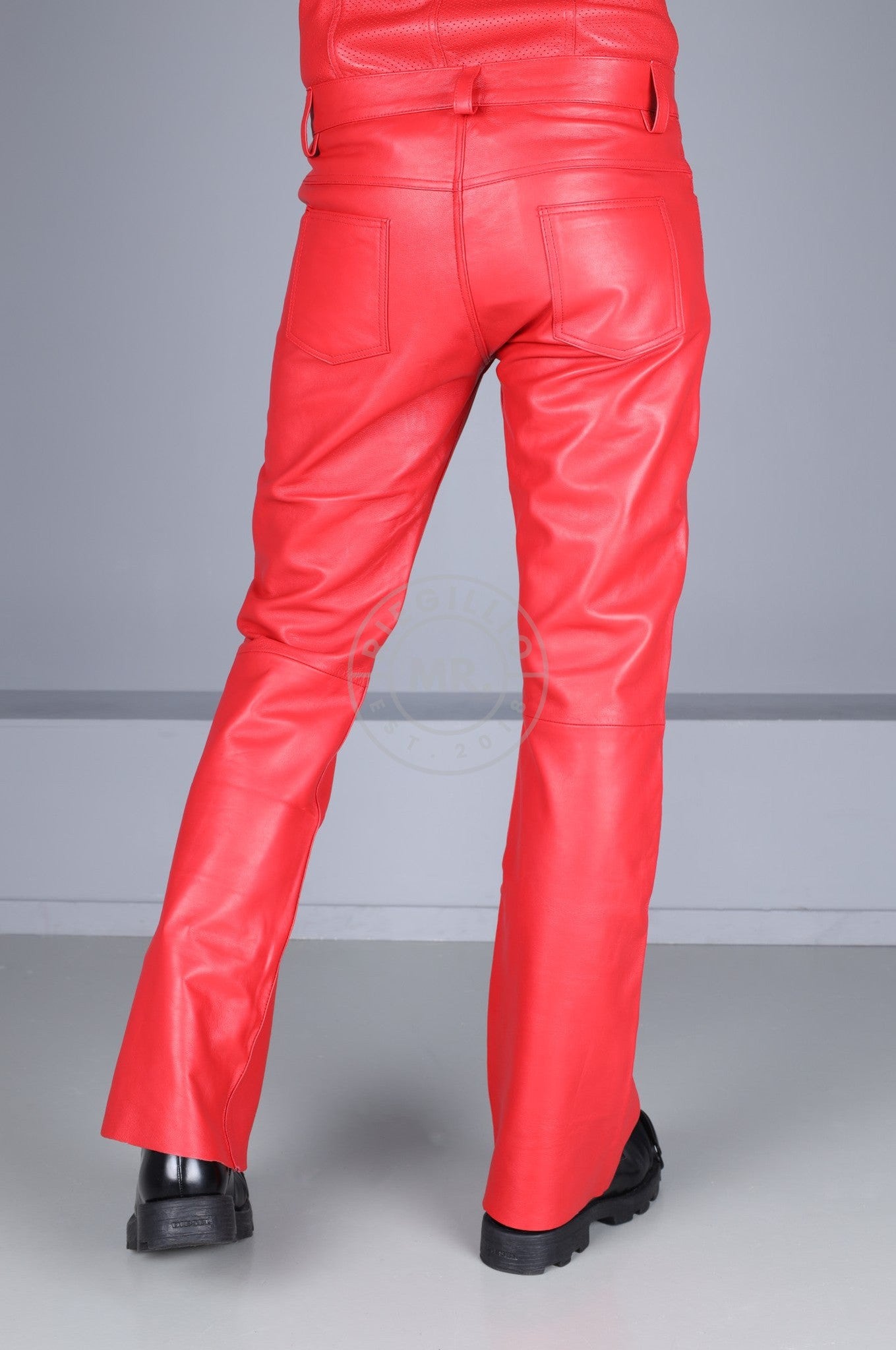 Red Leather Bootcut Pants at MR. Riegillio