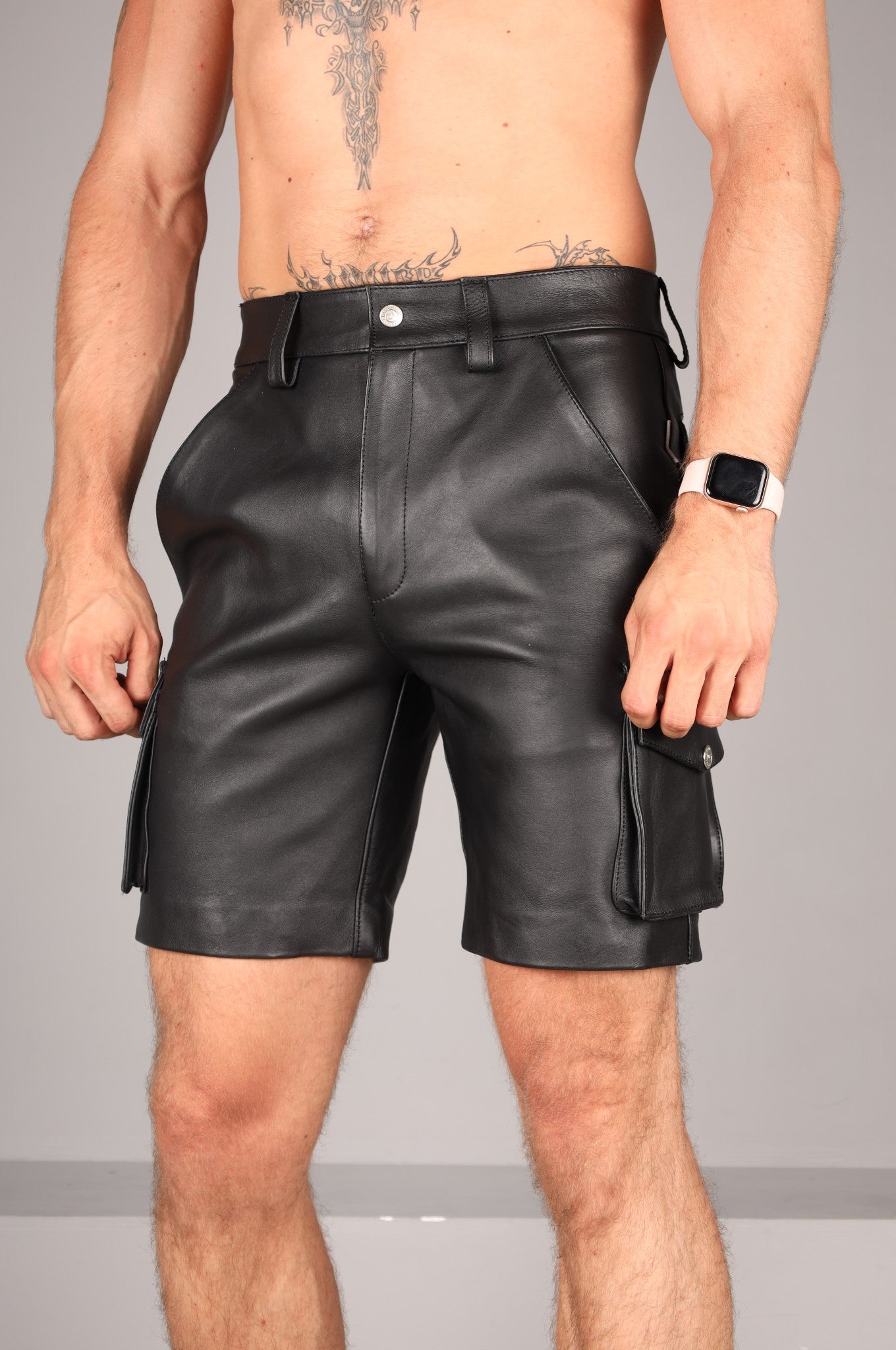 Black Leather Cargo Short
