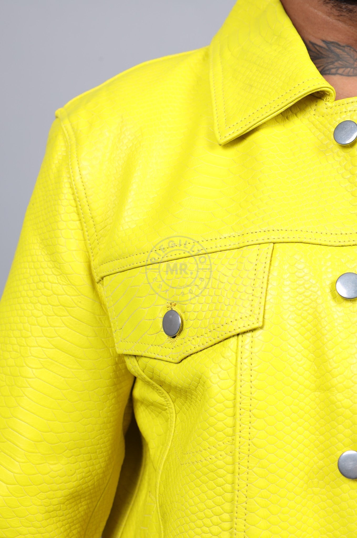 Leather Snake Trucker Jacket - Neon Yellow at MR. Riegillio