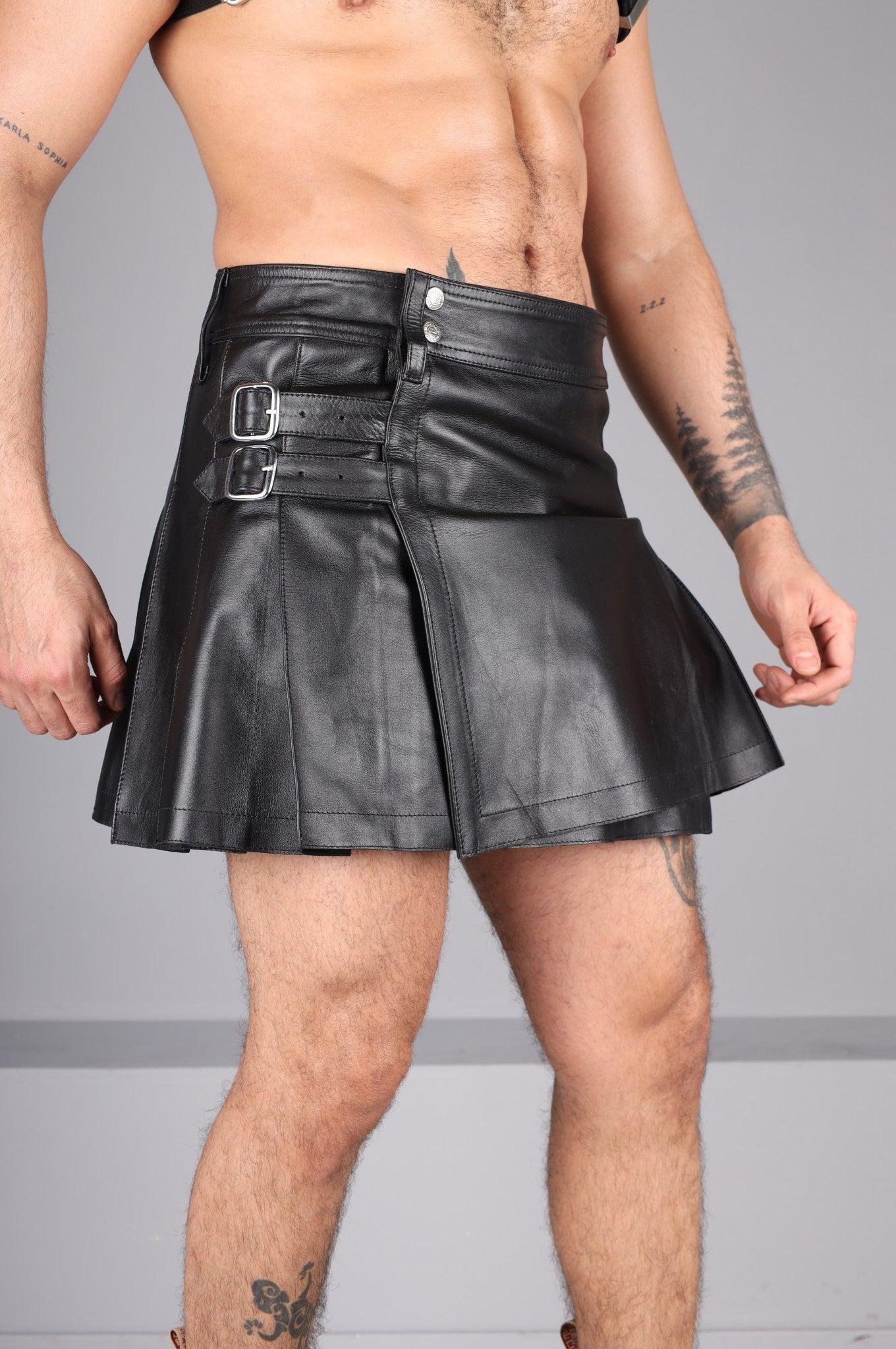 Black Short Leather Kilt at MR. Riegillio