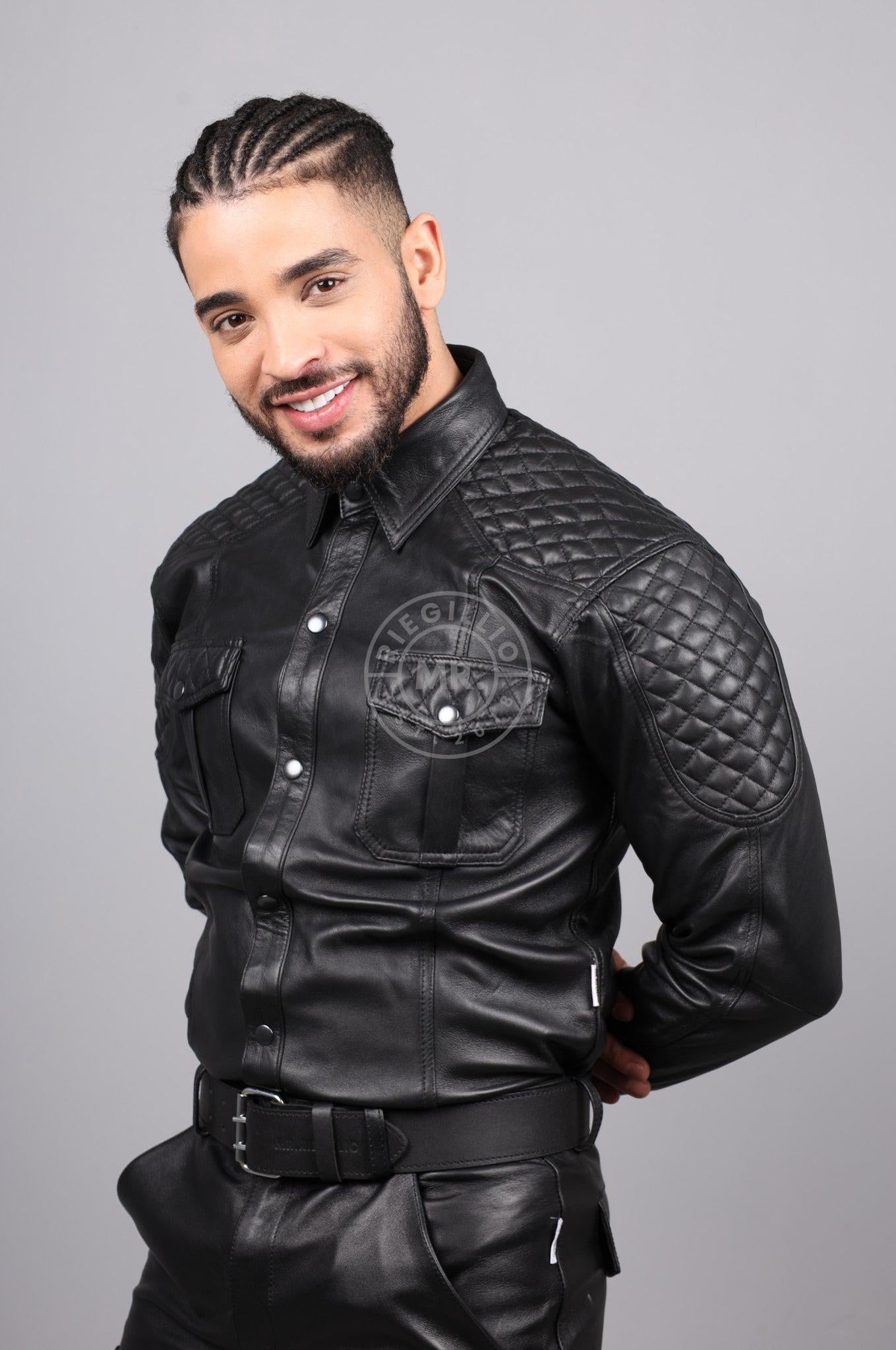 Black Leather Padded Shirt - Long Sleeve at MR. Riegillio