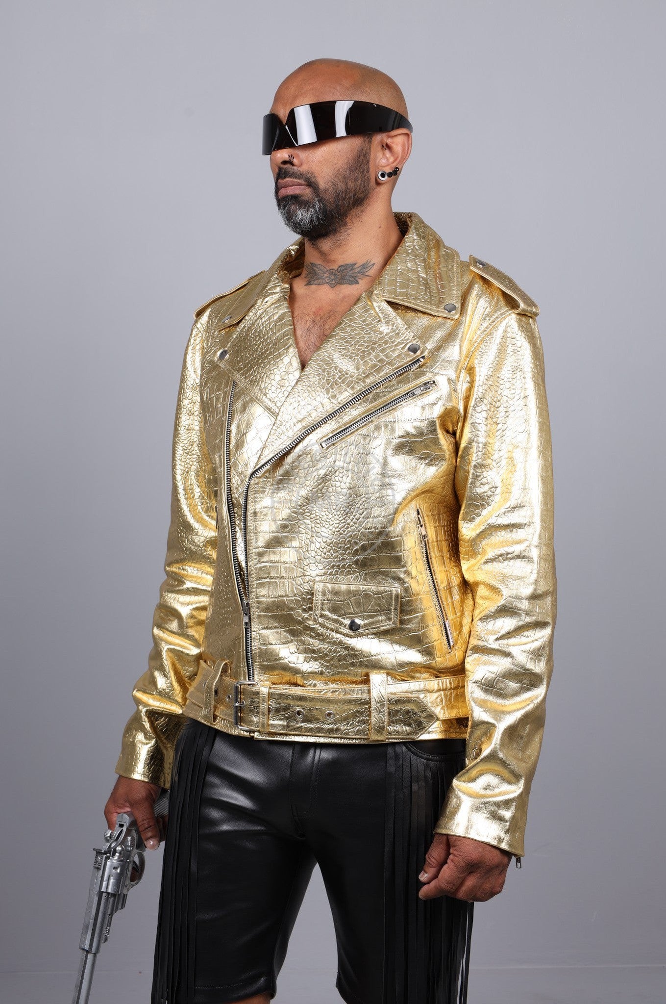 Metallic Leather Snake Biker Jacket - Gold at MR. Riegillio