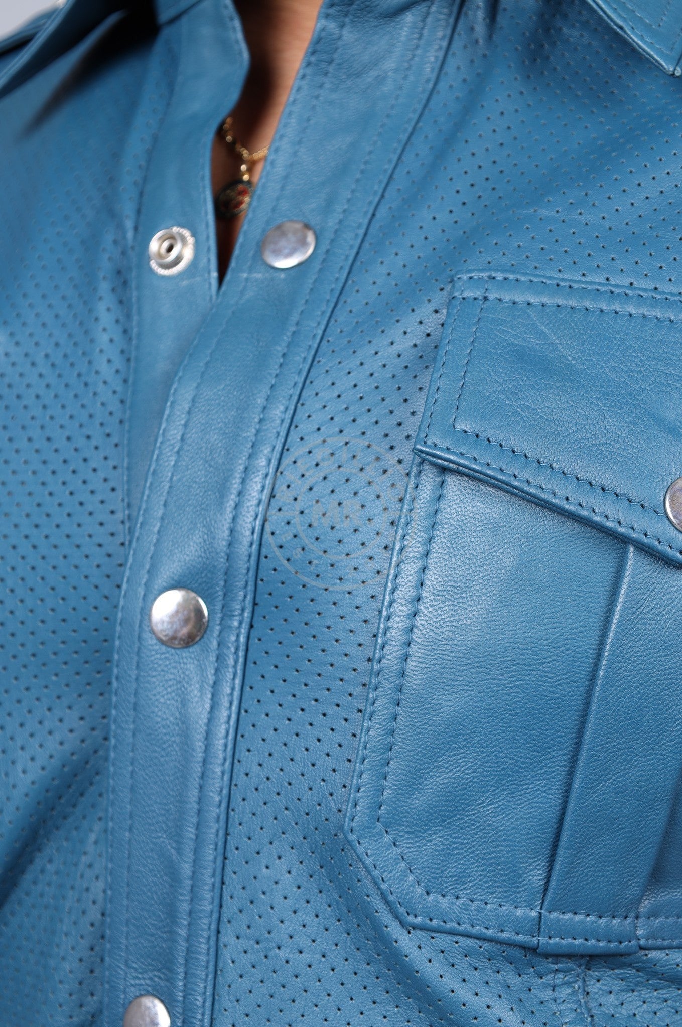 Jeans Blue Leather Perforated Shirt-at MR. Riegillio