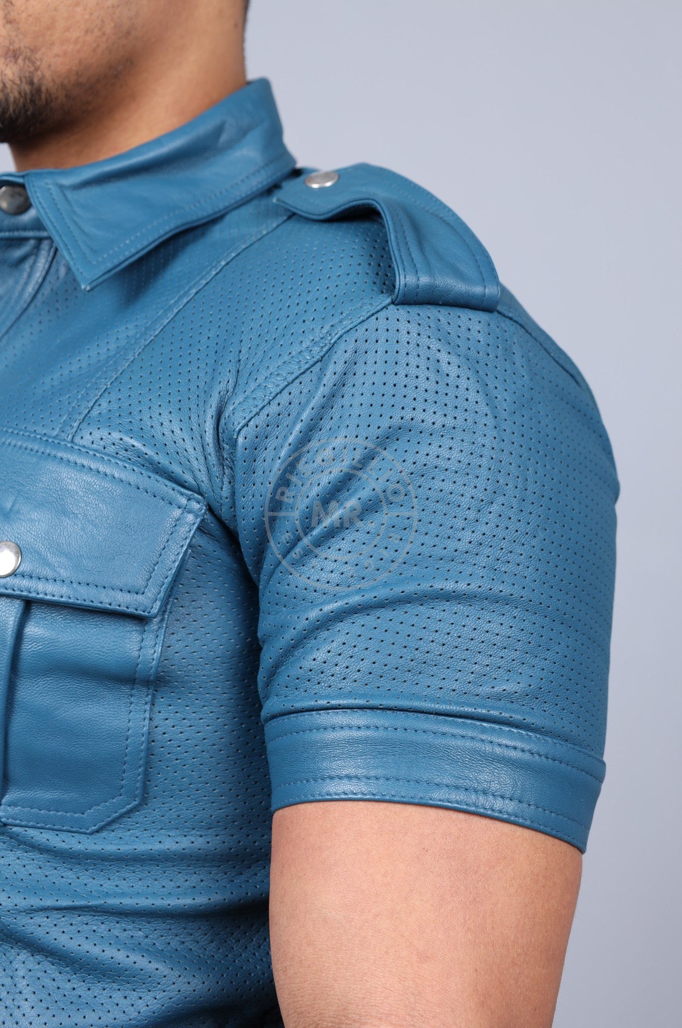 Jeans Blue Leather Perforated Shirt-at MR. Riegillio