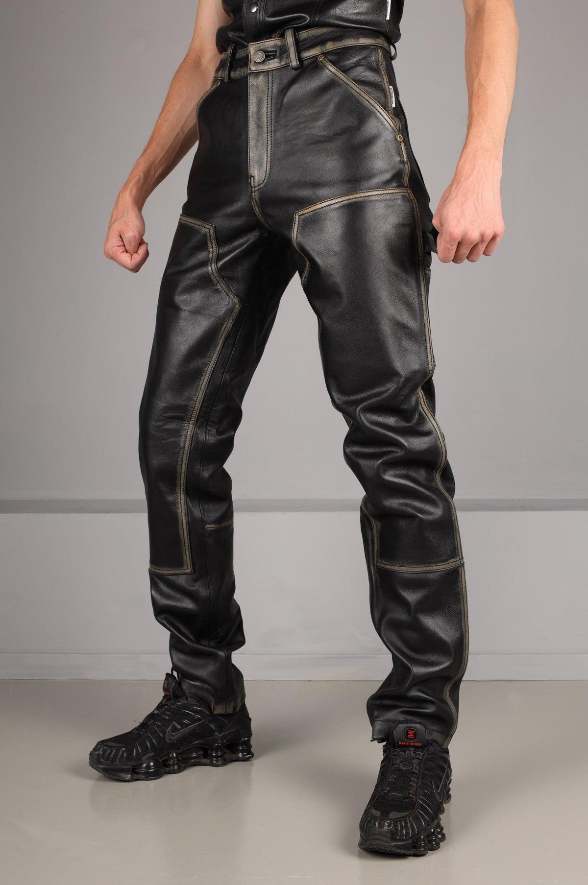 Black Washed Leather Worker Pants by MR. Riegillio