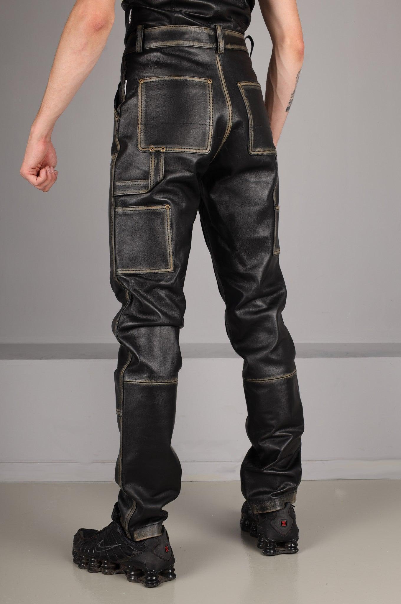 Black Washed Leather Worker Pants at MR. Riegillio