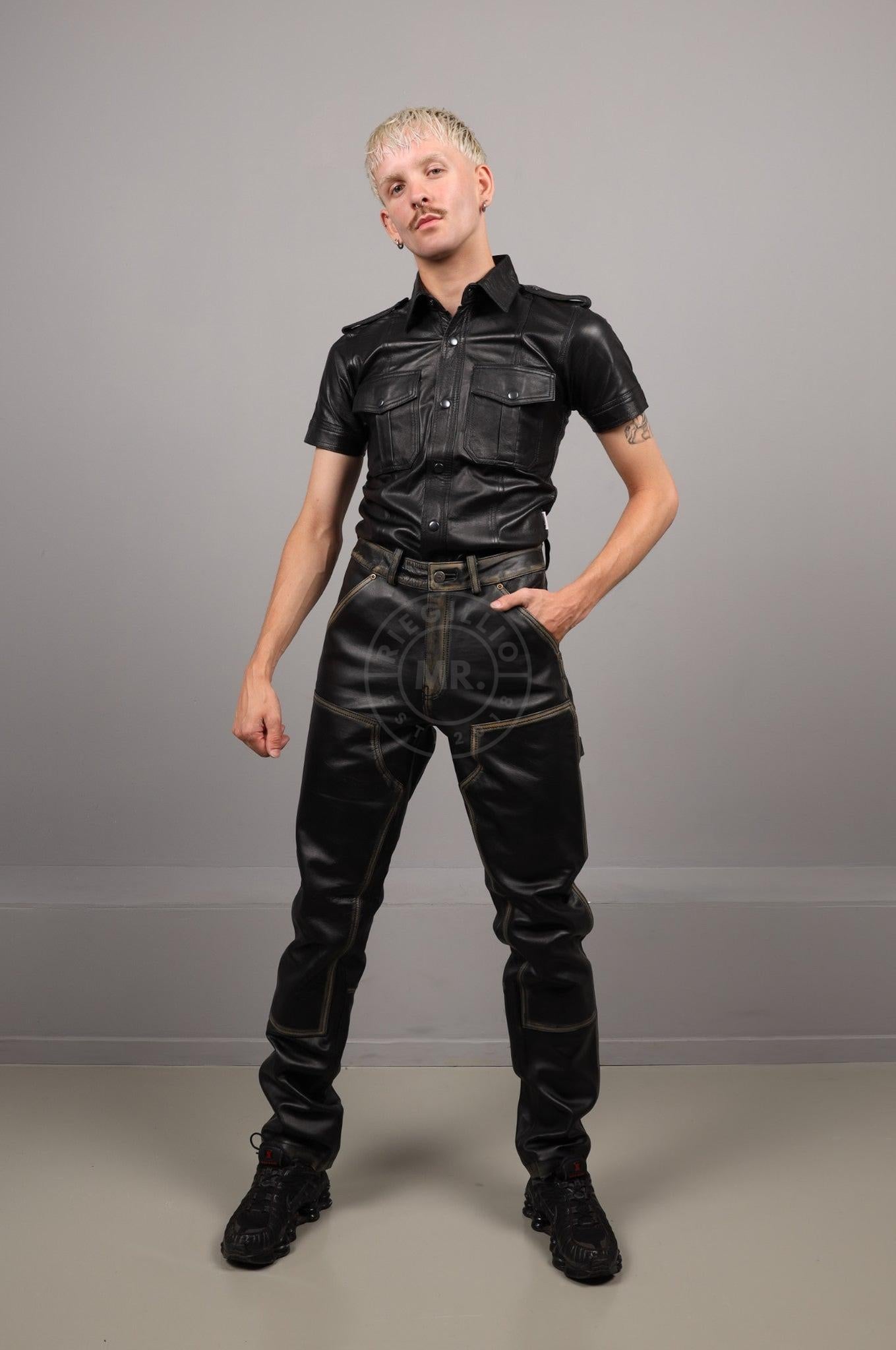 Black Washed Leather Worker Pants at MR. Riegillio
