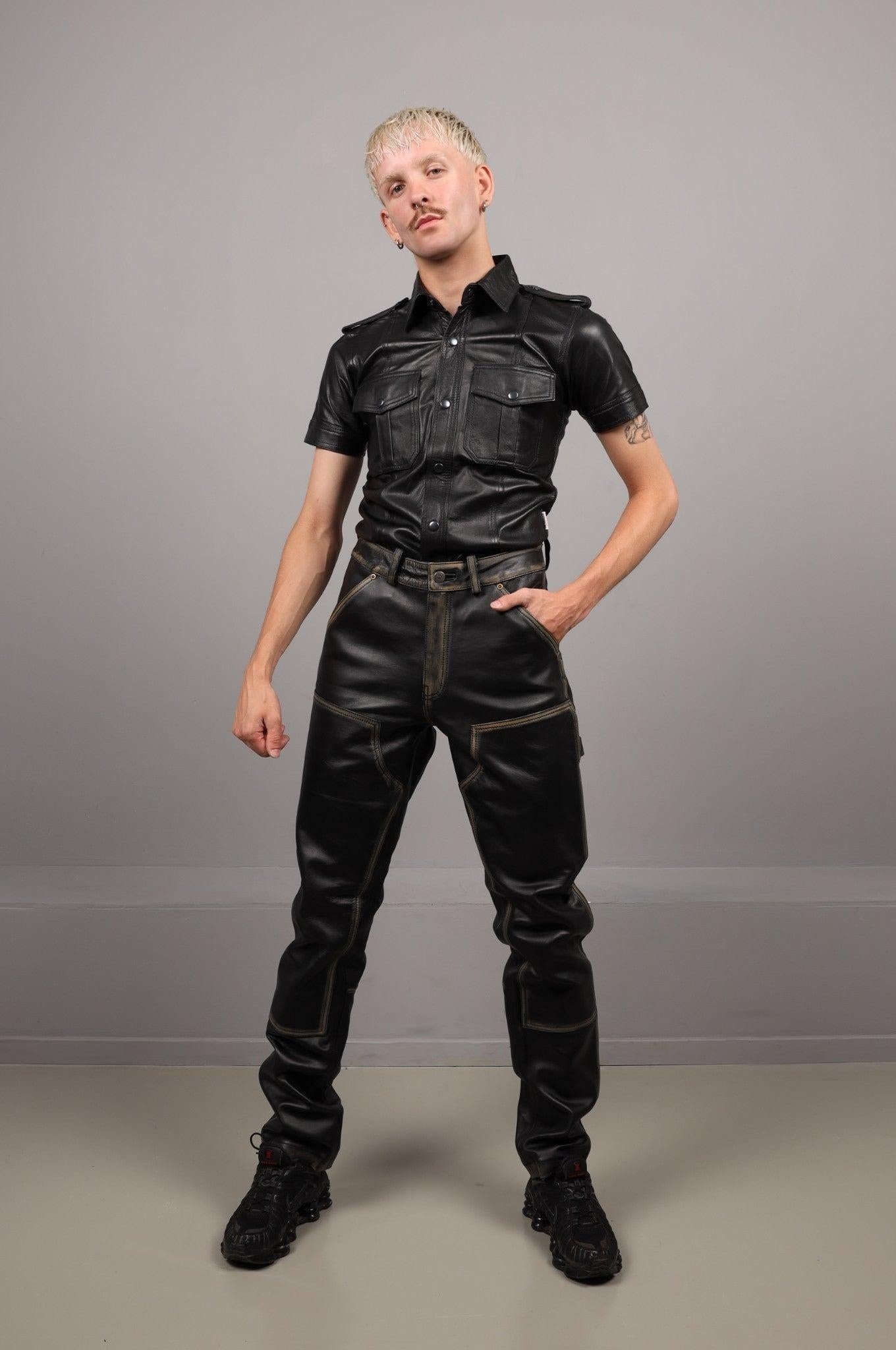 Black Washed Leather Worker Pants at MR. Riegillio