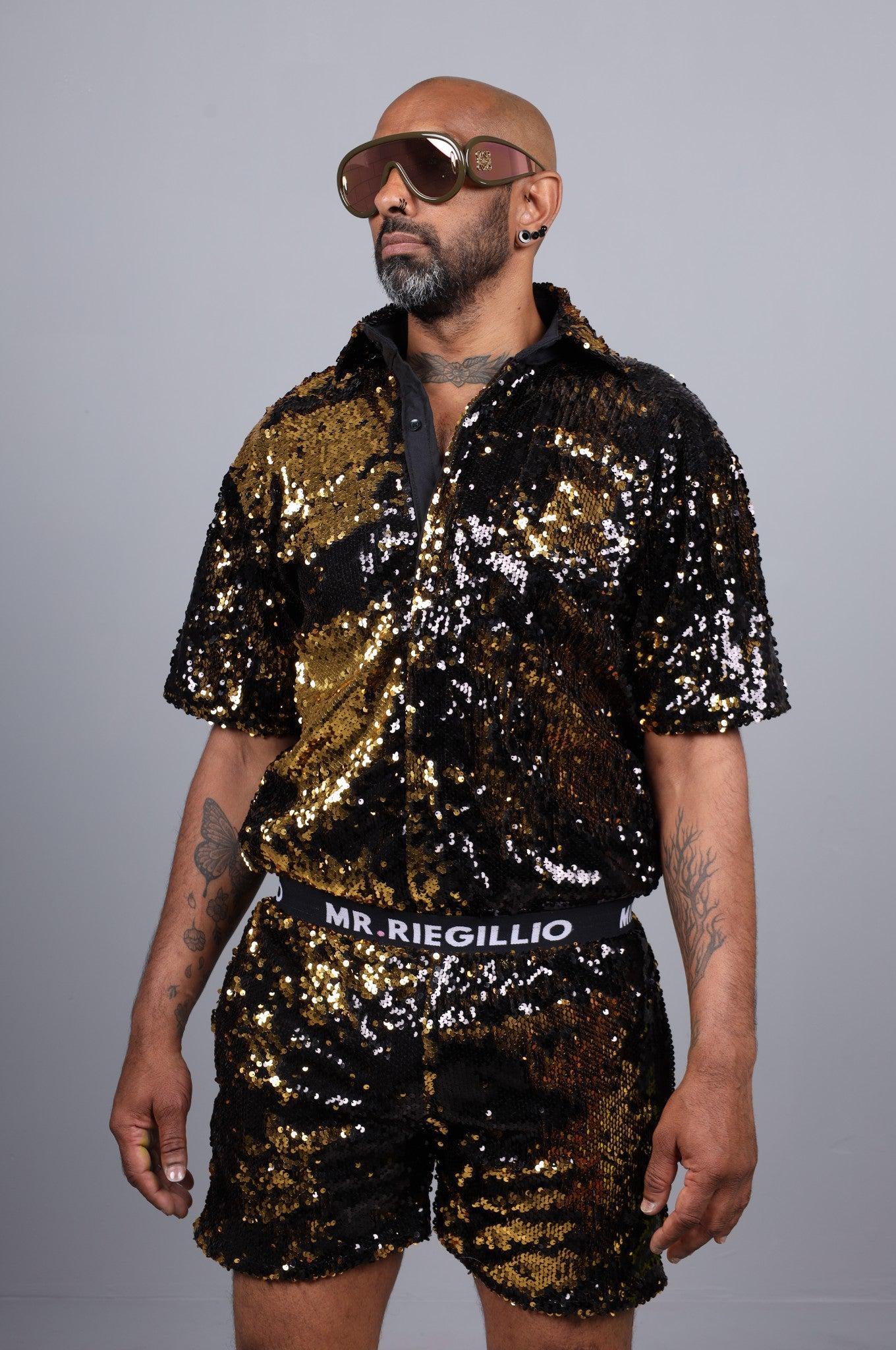 Black/Gold Sequin Logo Short *STORE ONLY* at MR. Riegillio