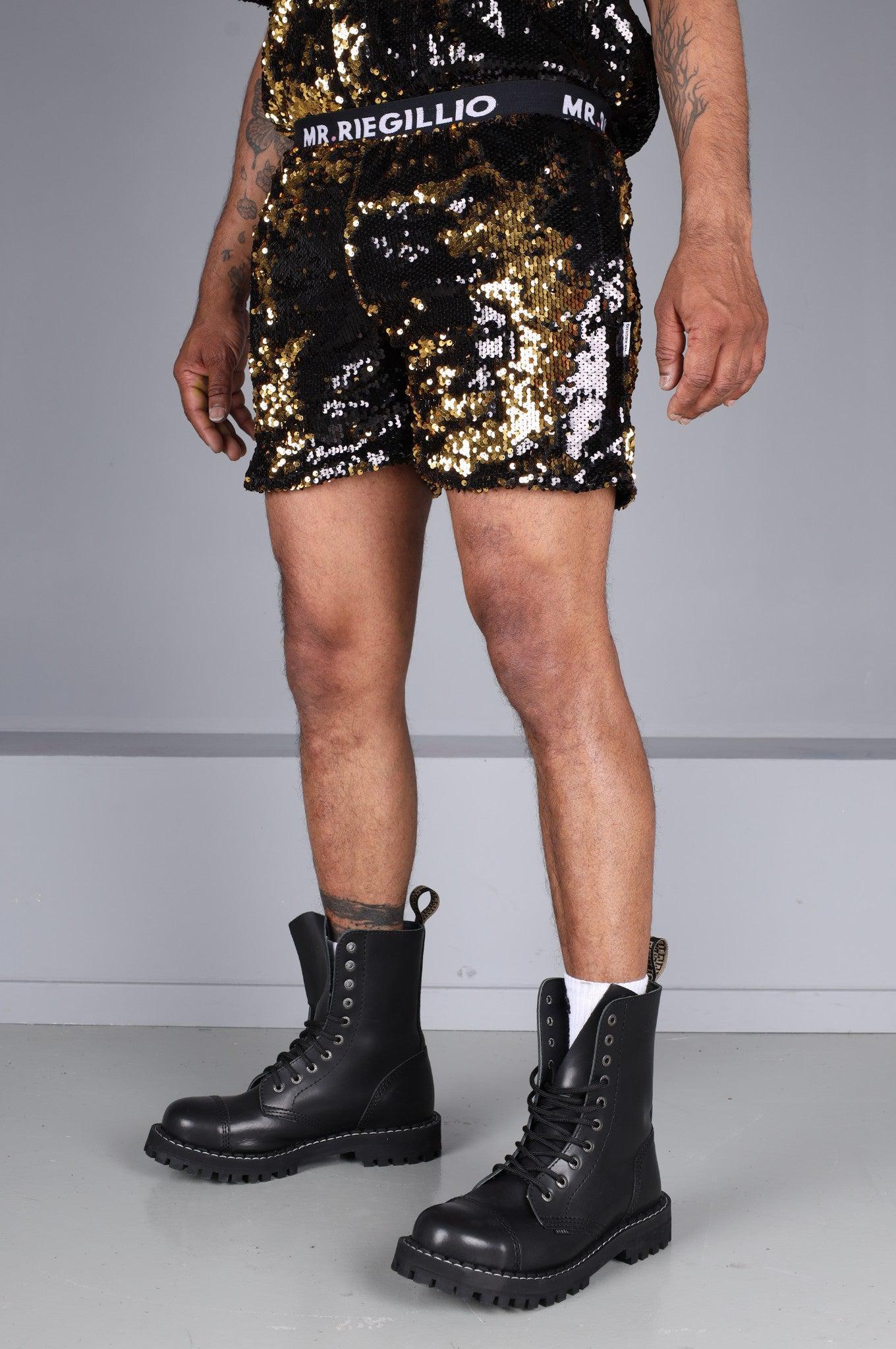 Black/Gold Sequin Logo Short *STORE ONLY* at MR. Riegillio