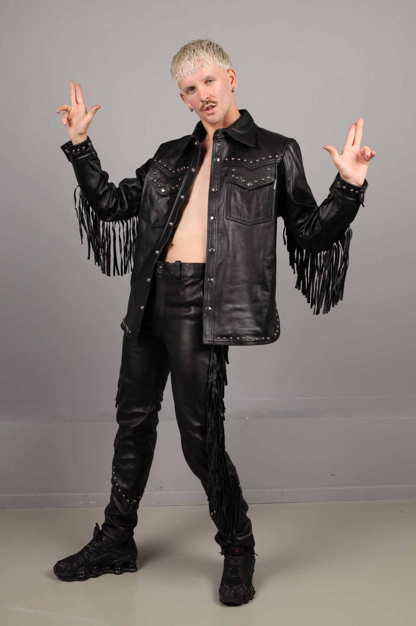 Black Leather Fringe Pants at MR. Riegillio