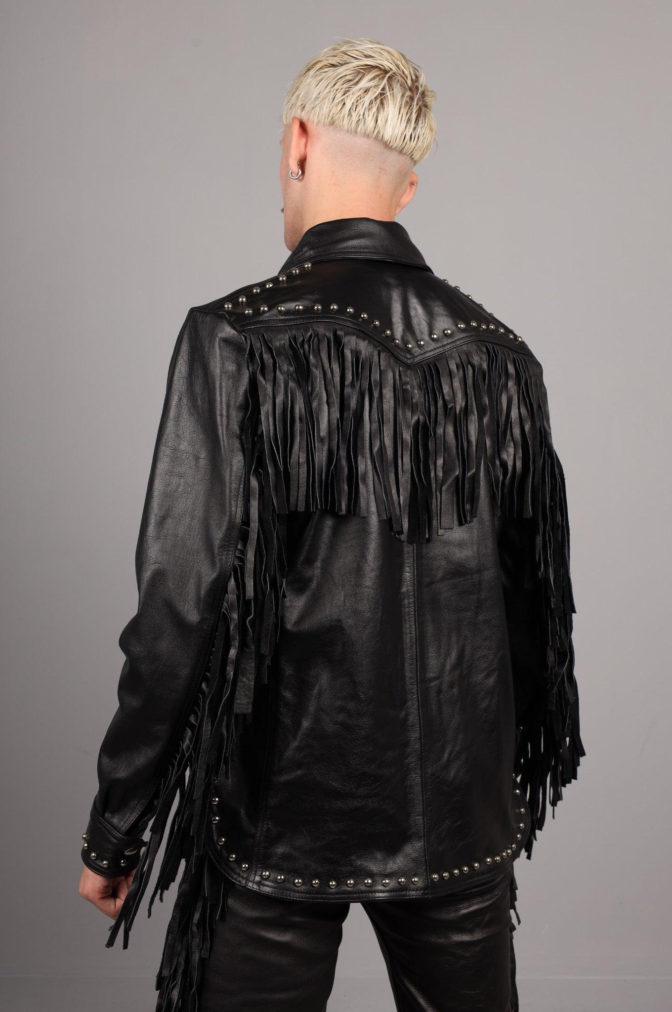 Black Leather Fringe Jacket at MR. Riegillio