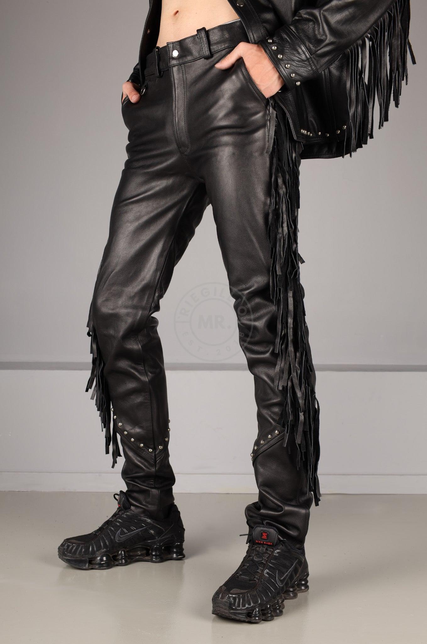 Black Leather Fringe Pants at MR. Riegillio