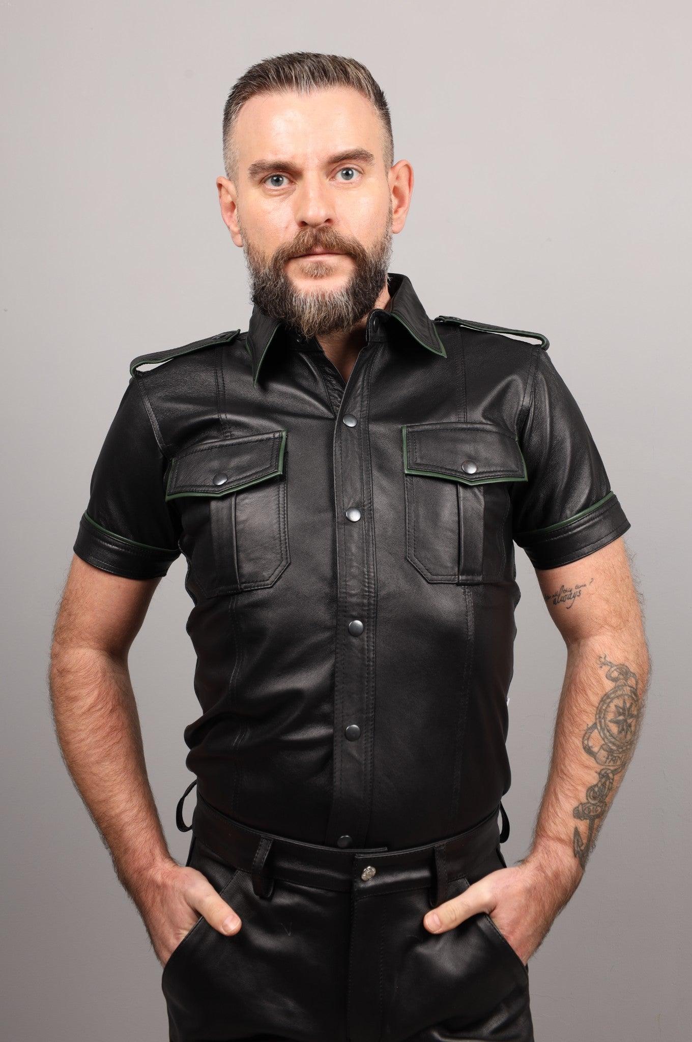 Black Leather Shirt - Dark Green Piping at MR. Riegillio