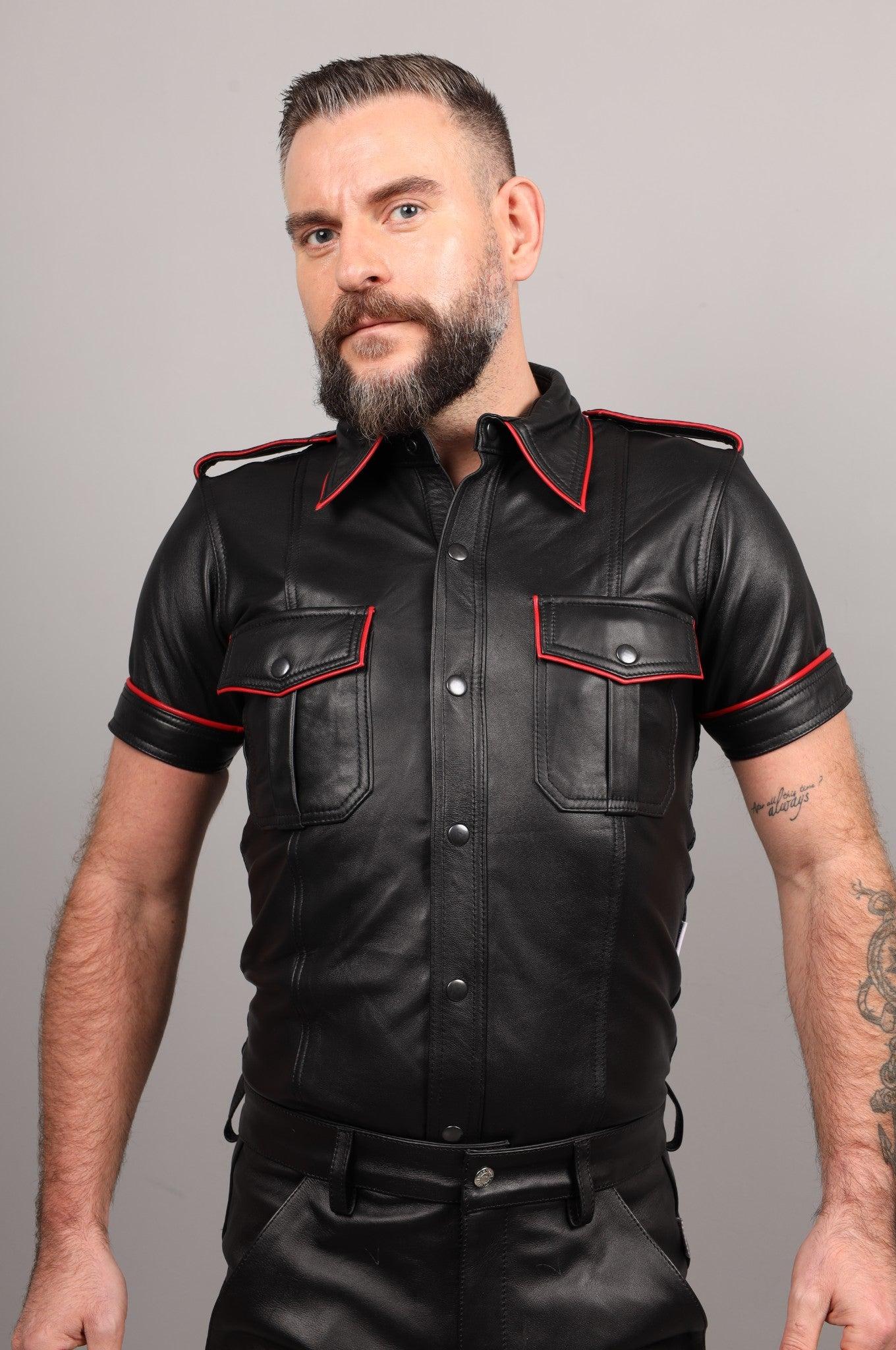 Black Leather Shirt - Red Piping at MR. Riegillio