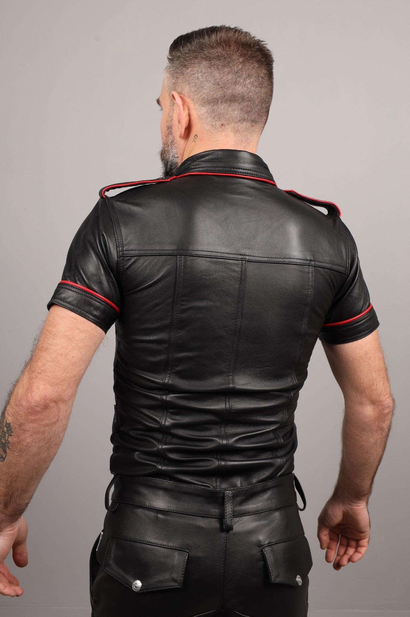 Black Leather Shirt - Red Piping at MR. Riegillio