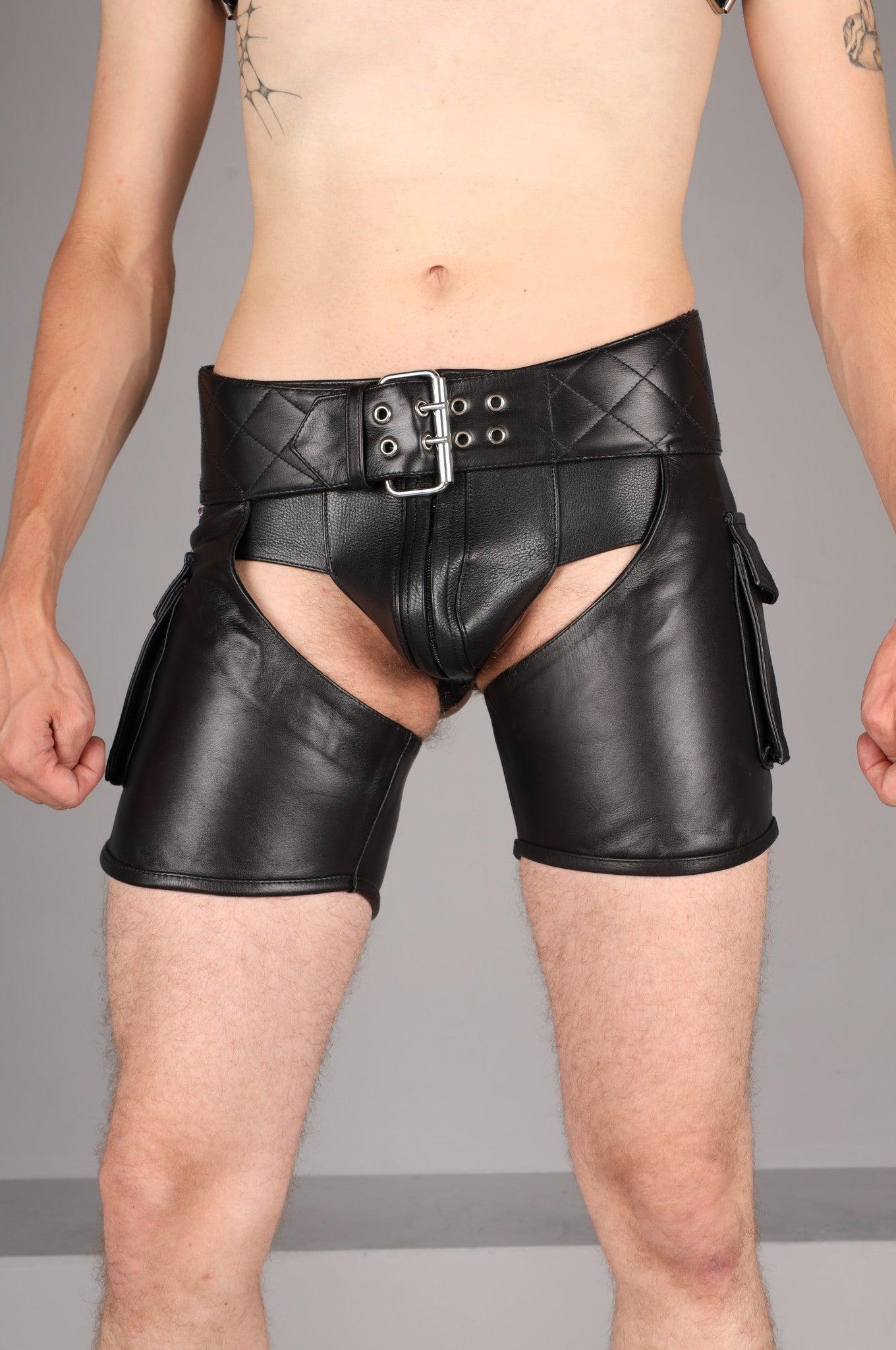 Black Leather Extra Short Cargo Chaps at MR. Riegillio