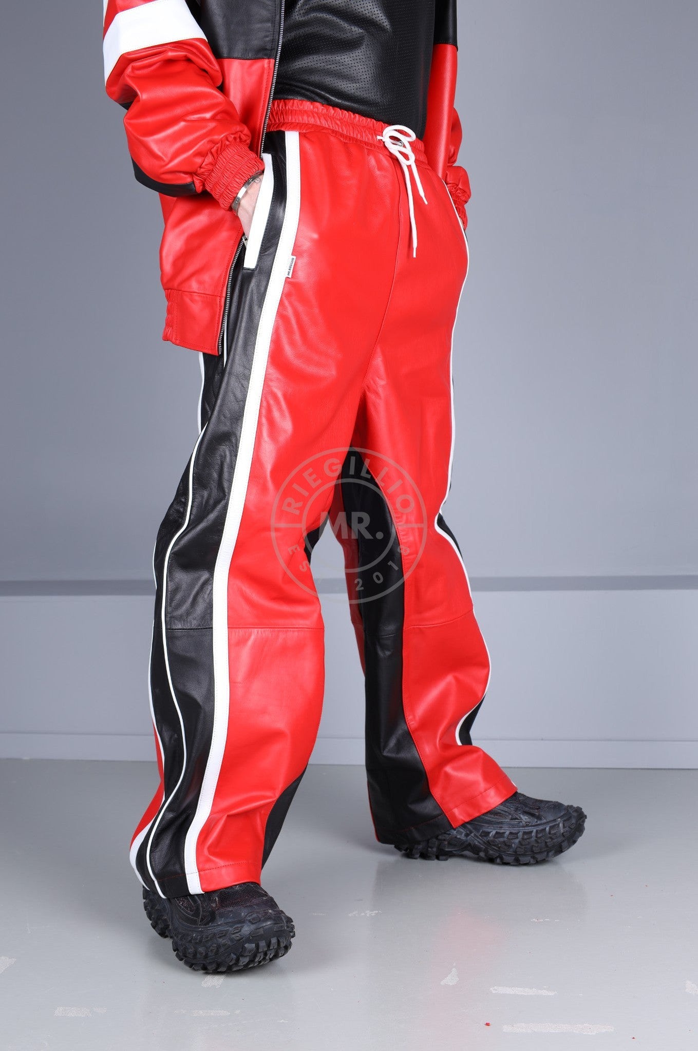 Xtreme Long & Loose Leather Tracksuit Pants at MR. Riegillio