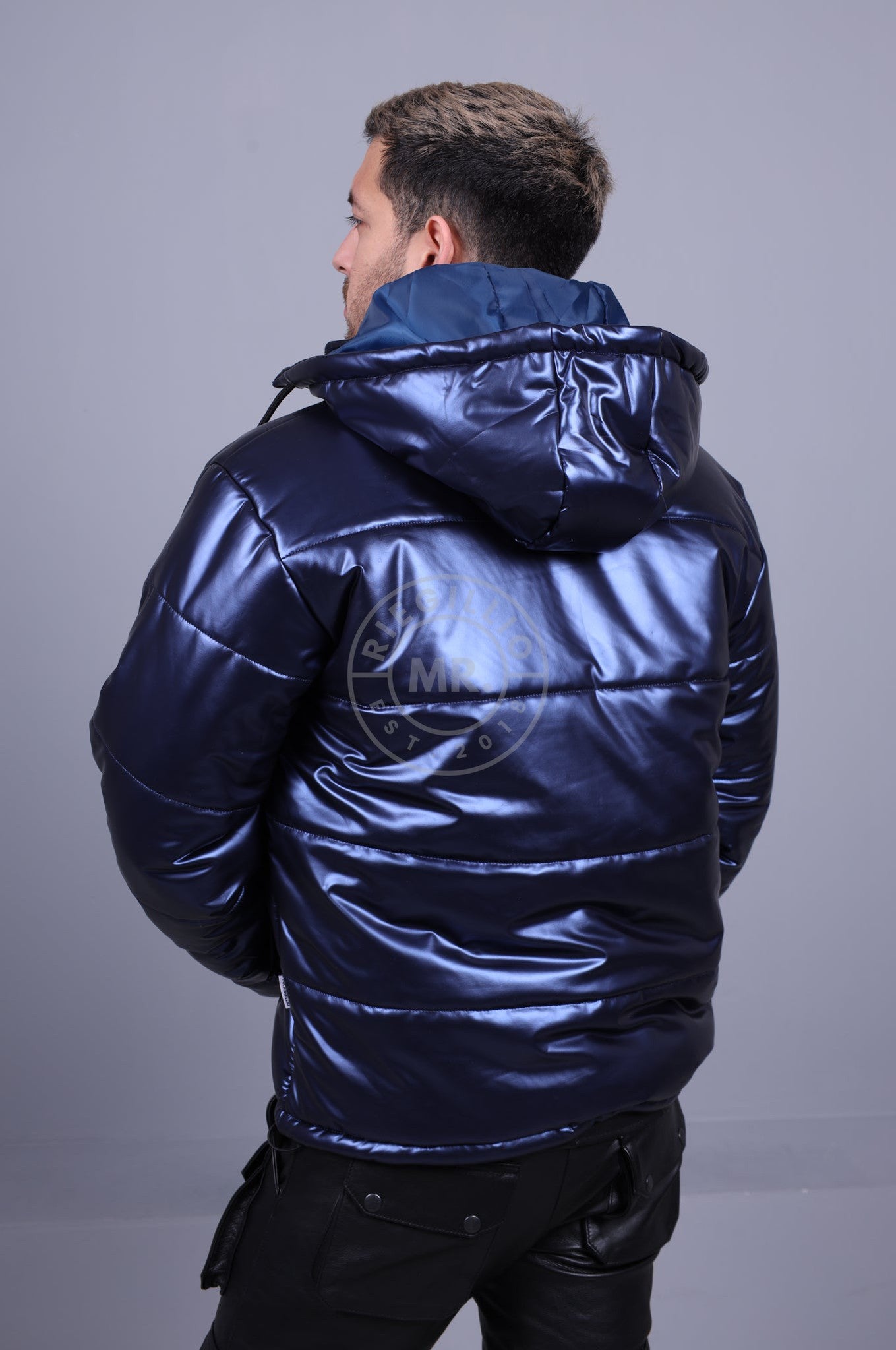 Metallic blue puffer on sale coat