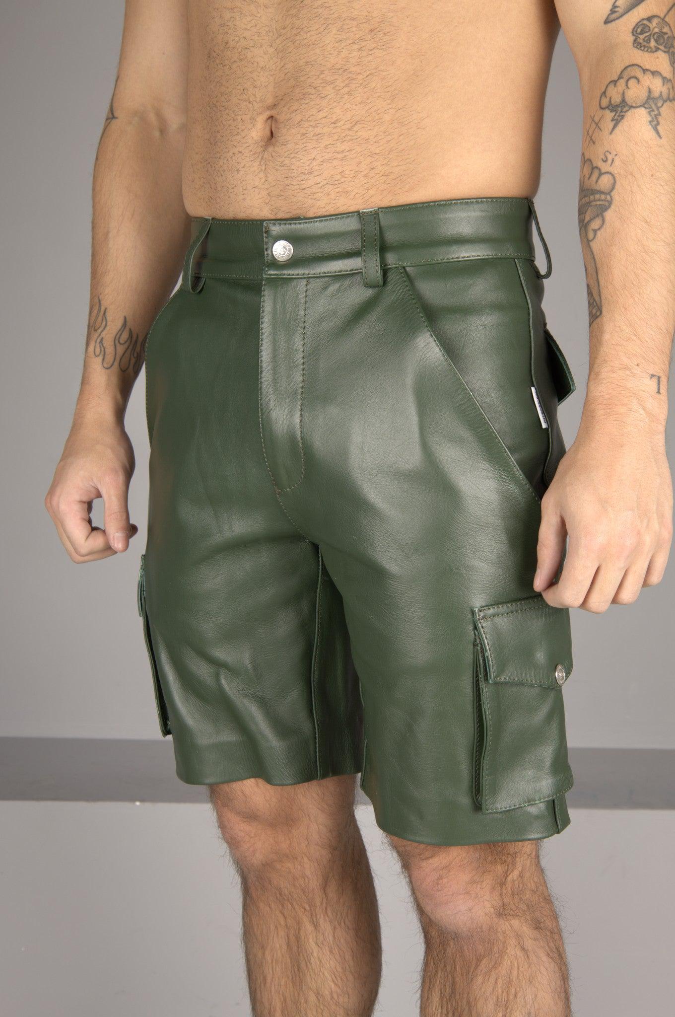 Dark Green Leather Cargo Short at MR. Riegillio