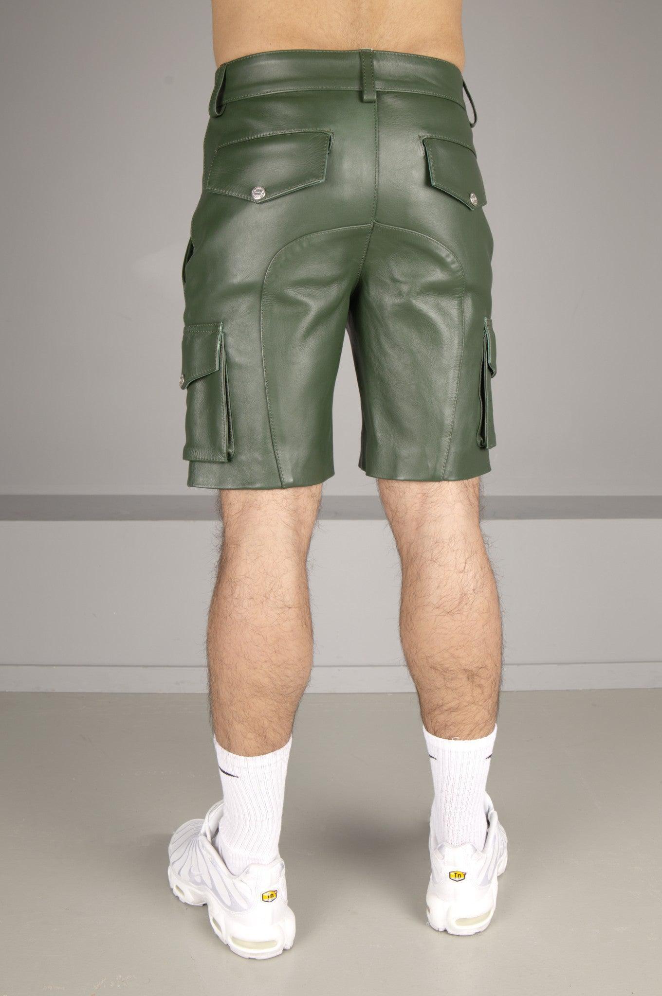 Dark Green Leather Cargo Short at MR. Riegillio