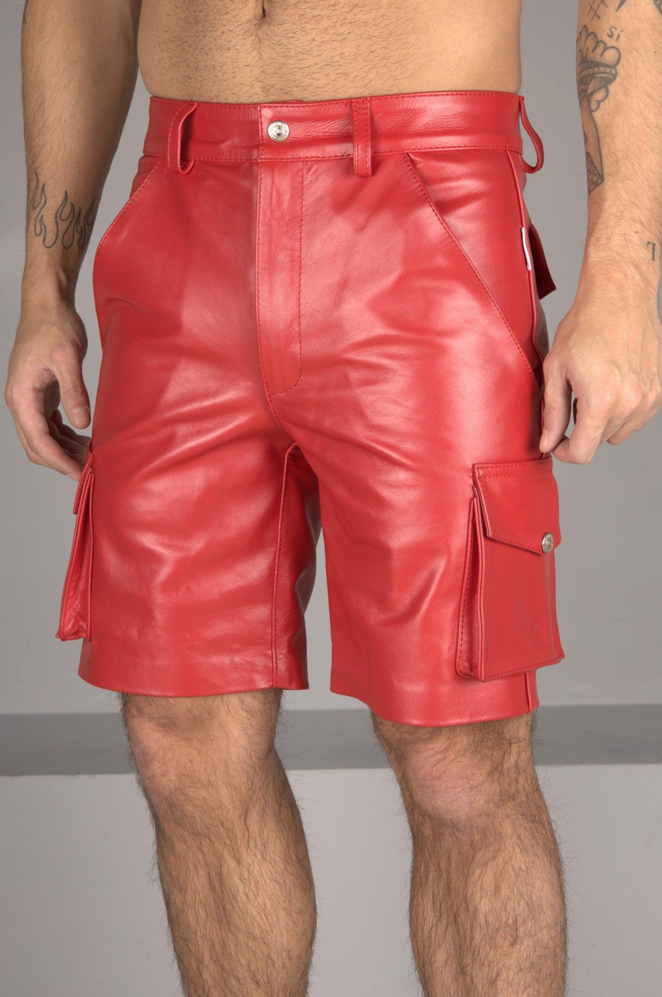 Red Leather Cargo Short at MR. Riegillio